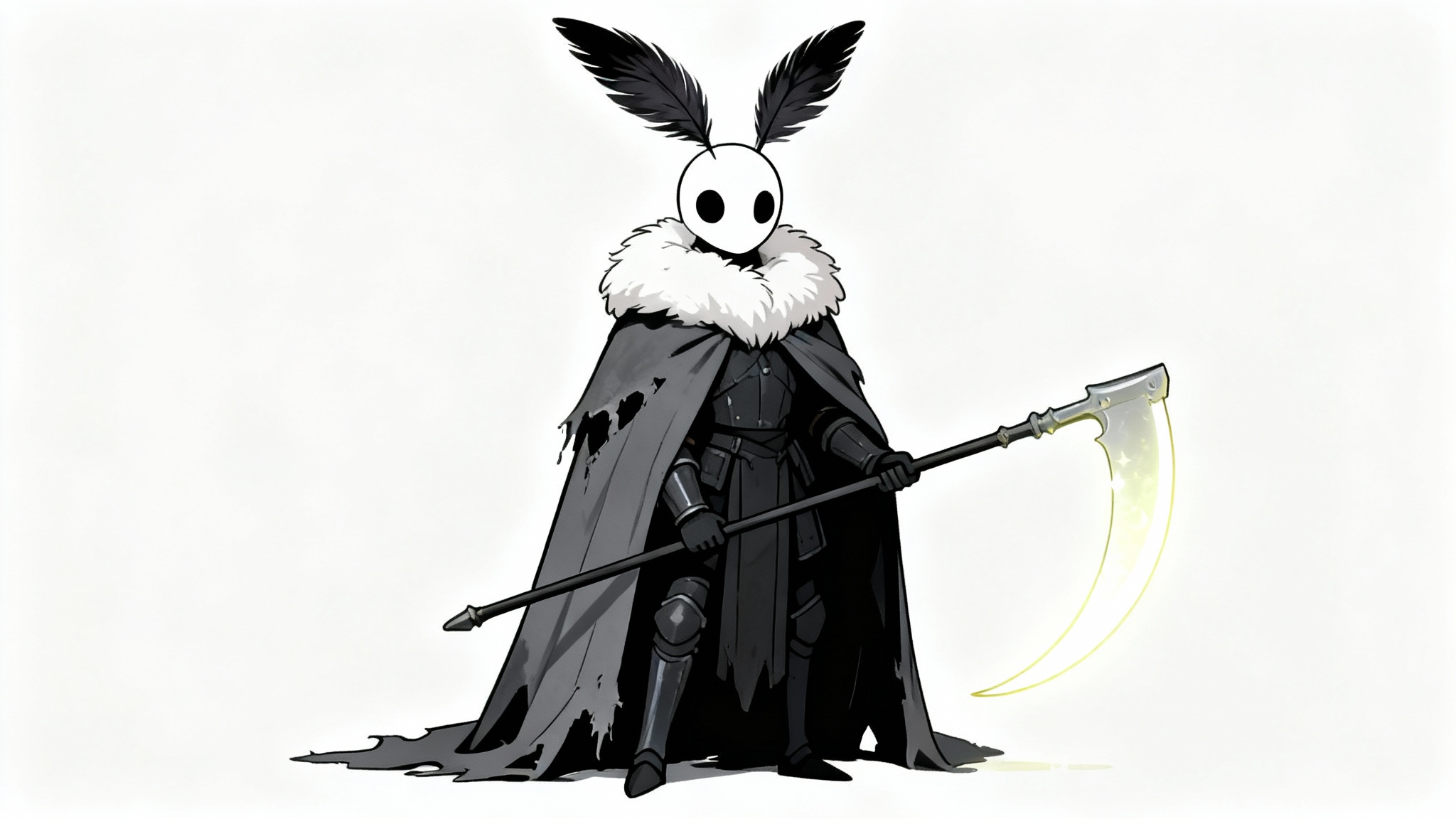A digital drawing of an original Hollow Knight character, a moth sentinel with a fluffy collar and a glowing scythe, rendered in the game's signature 2D art style against a white background.