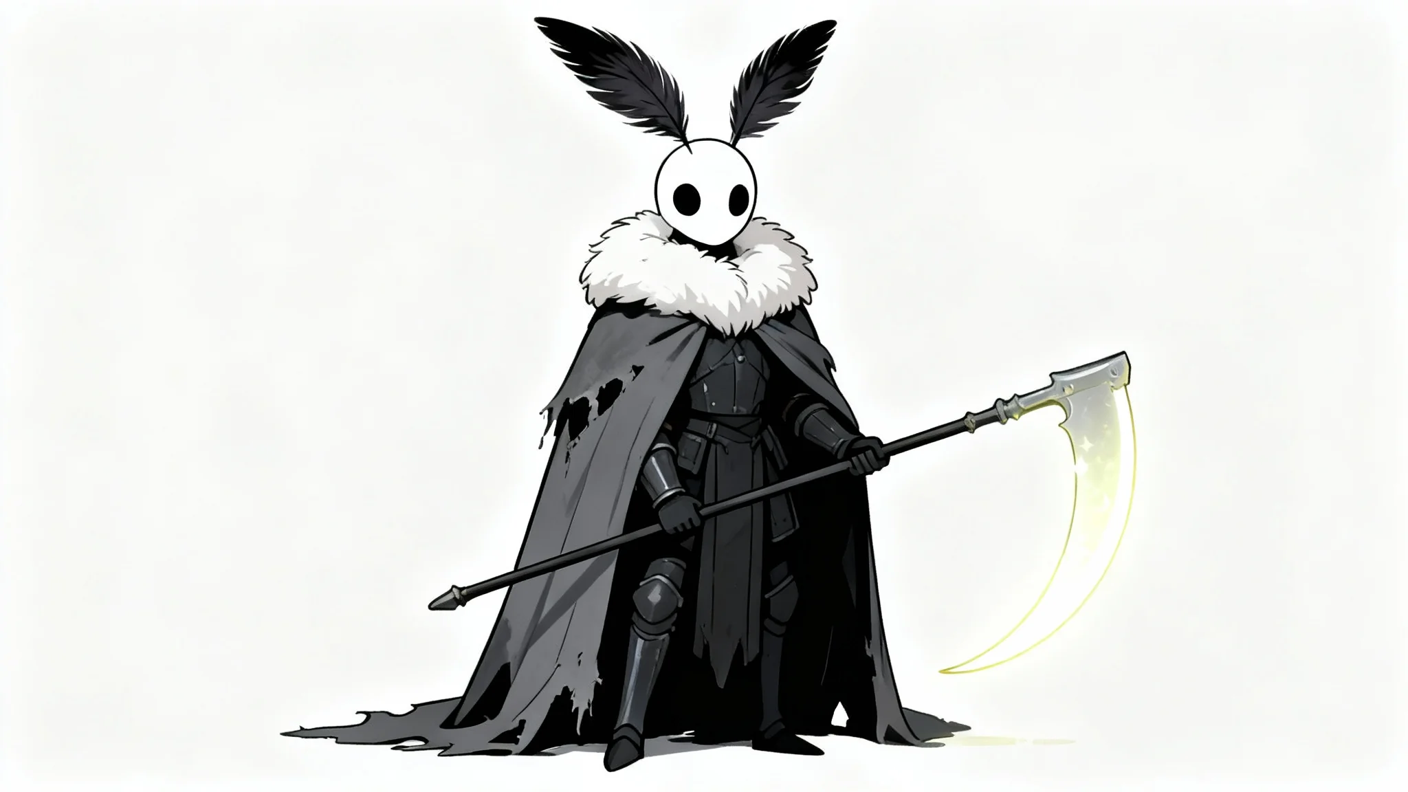 A digital drawing of an original Hollow Knight character, a moth sentinel with a fluffy collar and a glowing scythe, rendered in the game's signature 2D art style against a white background.