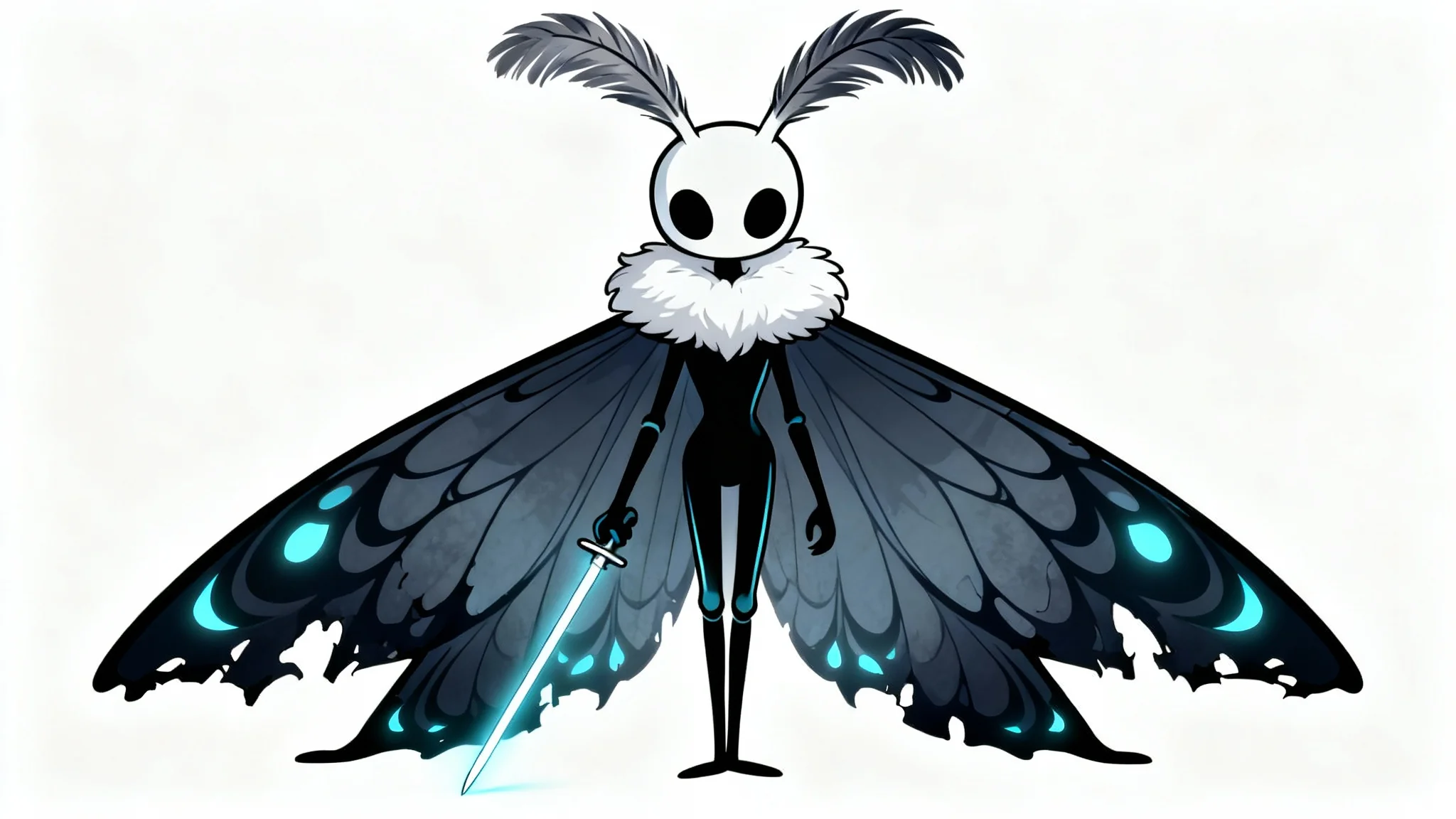 A digital illustration in the Hollow Knight art style of an original character, a moth knight with tattered wings and a glowing rapier, standing against a white background.