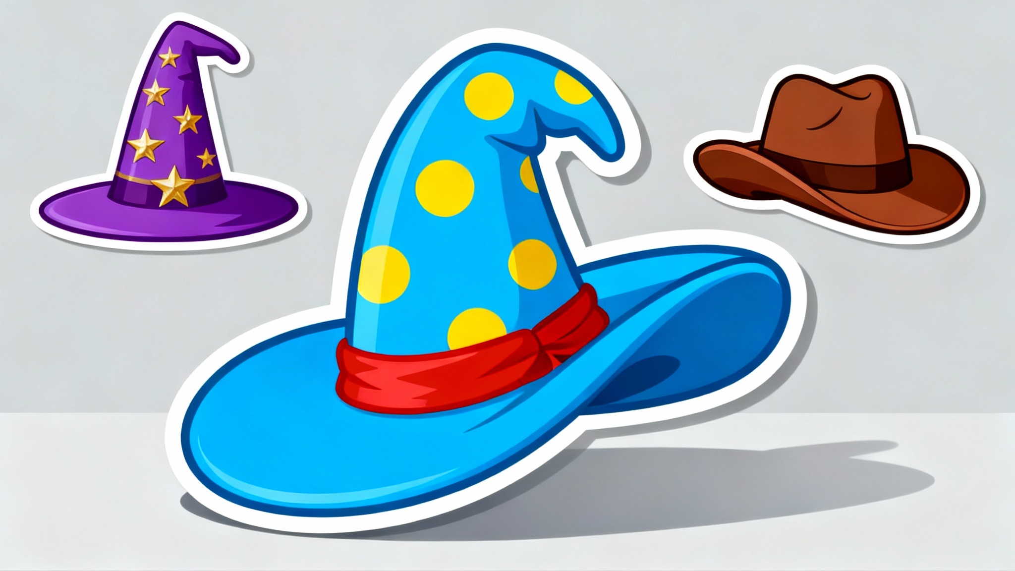 A collection of colorful, cartoon-style hats displayed on a clean grey background. The hats, including a blue one with polka dots, appear as high-quality PNGs with soft shadows, representing the final output of a design tool.