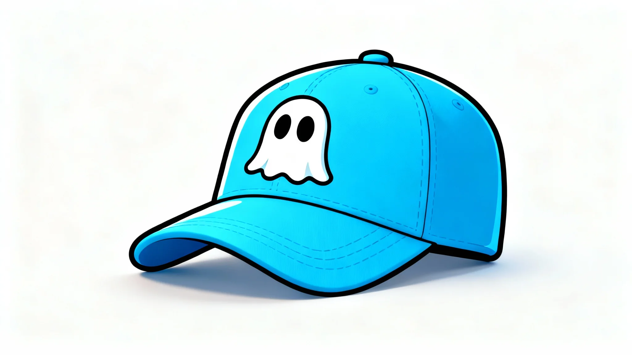 A bright blue cartoon baseball cap featuring a cute white ghost graphic, isolated against a solid white background.