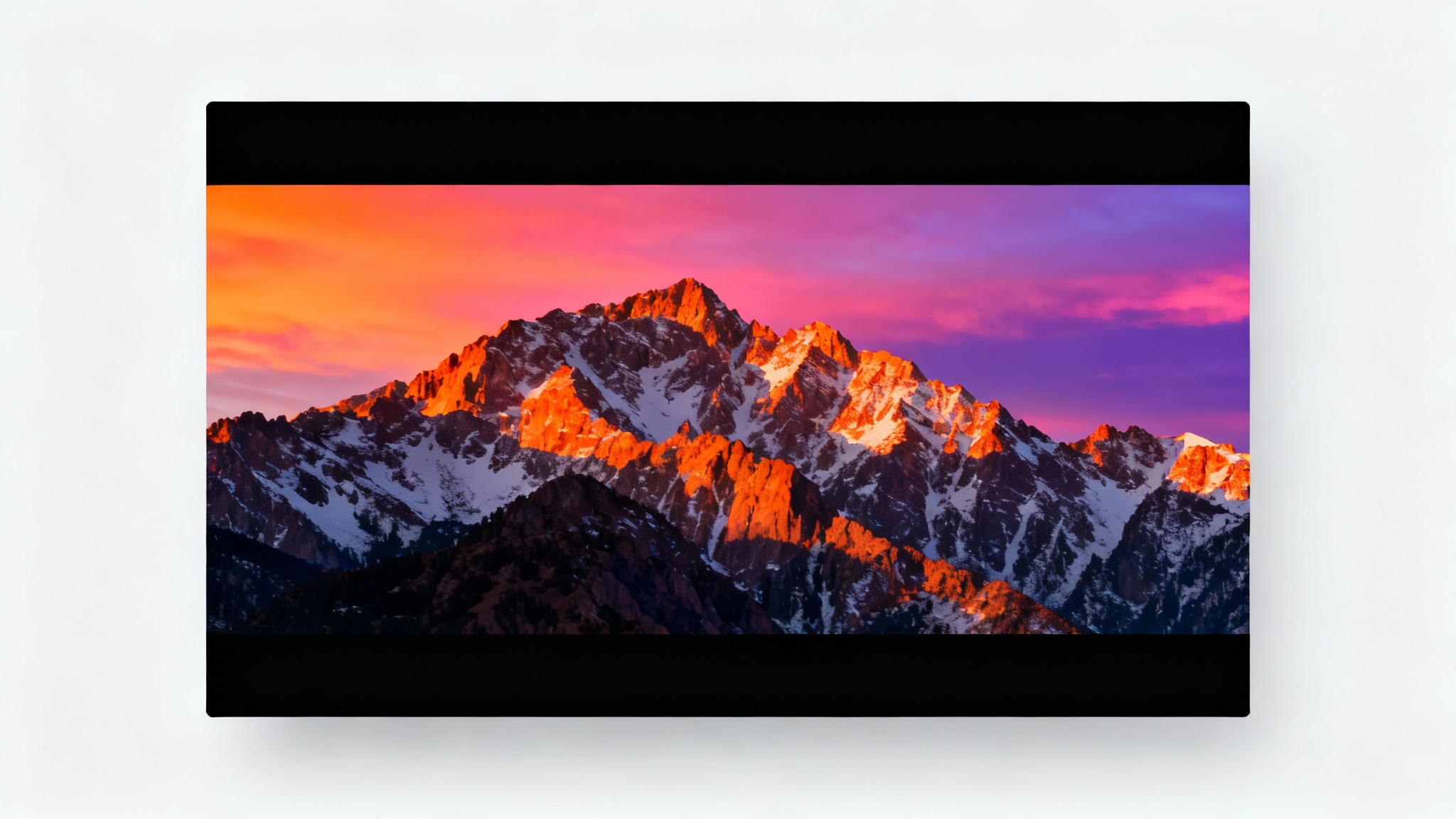 A photorealistic image of a mountain range at sunset, featuring prominent black bars at the top and bottom to demonstrate a cinematic widescreen effect.