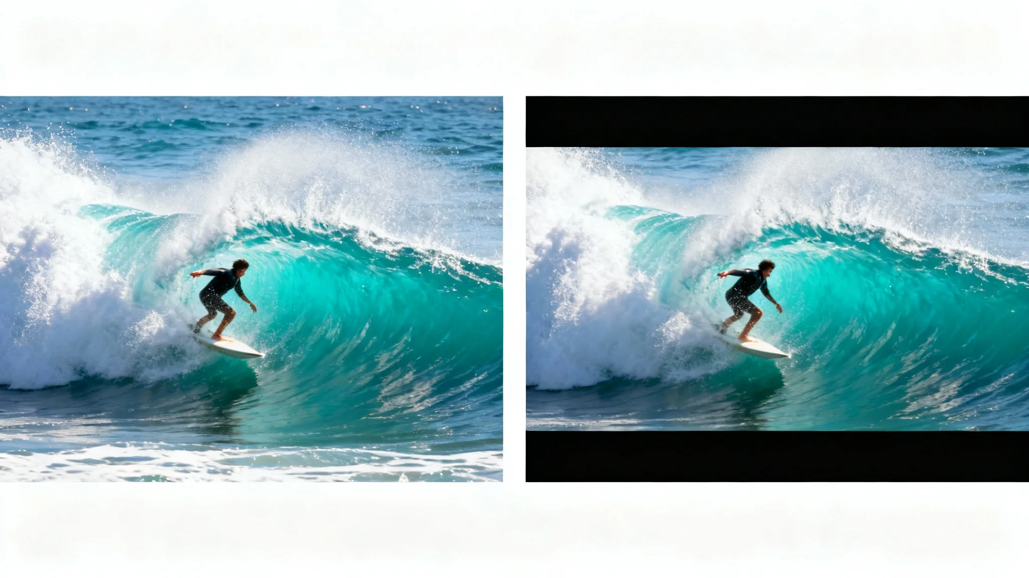A before-and-after mockup showing an image with black bars added. On the left is a photo of a surfer; on the right is the same photo with black bars on the top and bottom, creating a cinematic effect.