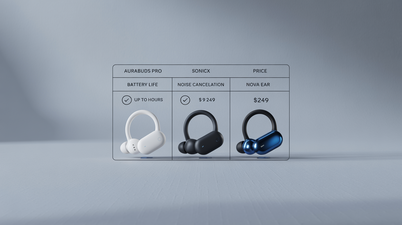 A professionally designed comparison chart showing three different models of modern wireless earbuds. The chart compares features like battery life, noise cancellation, and price in a clean, minimalist layout.