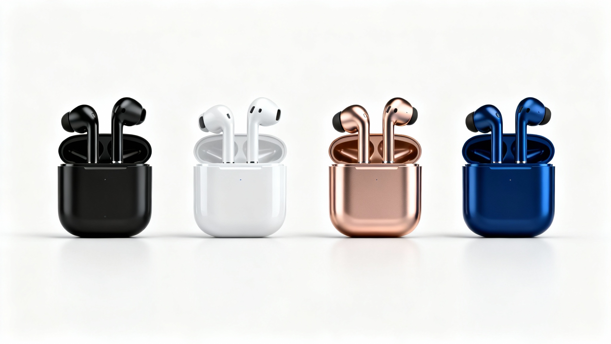 A lineup of four different pairs of wireless earbuds in black, white, rose gold, and blue, each with its case, arranged for comparison on a white background.