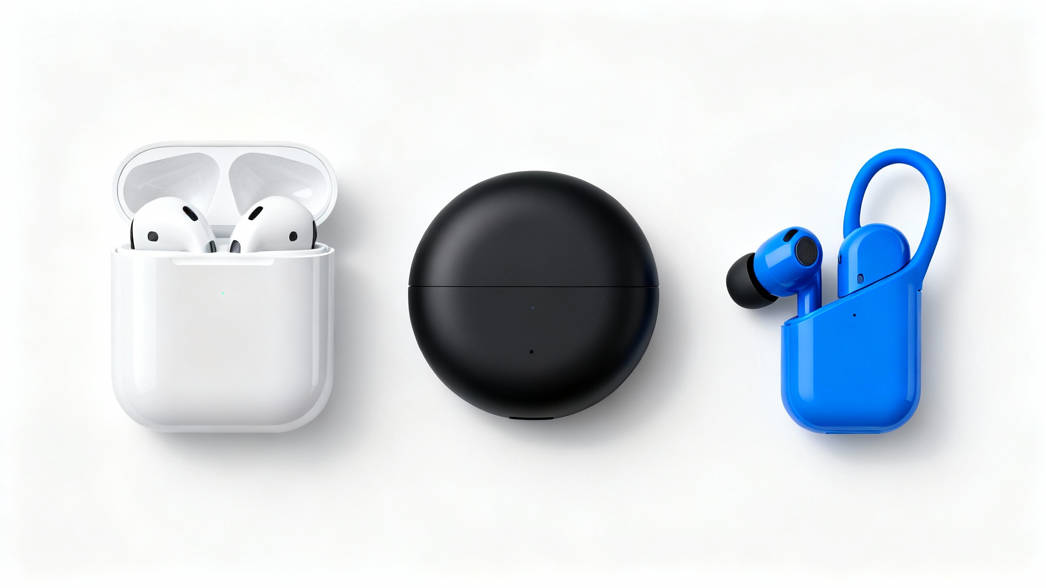 A flat lay photo showing three different pairs of wireless earbuds and their cases arranged neatly on a white background, suggesting a product comparison.