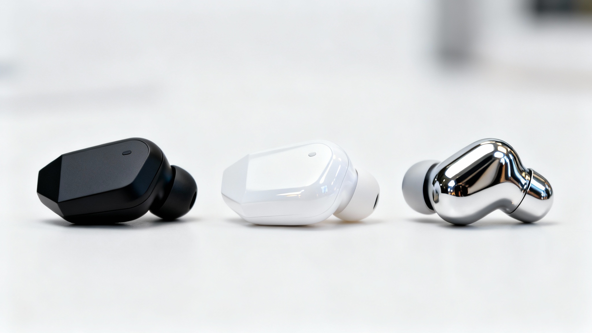 A studio product shot showing a side-by-side comparison of three different models of wireless earbuds in black, white, and chrome, arranged neatly on a clean white background.
