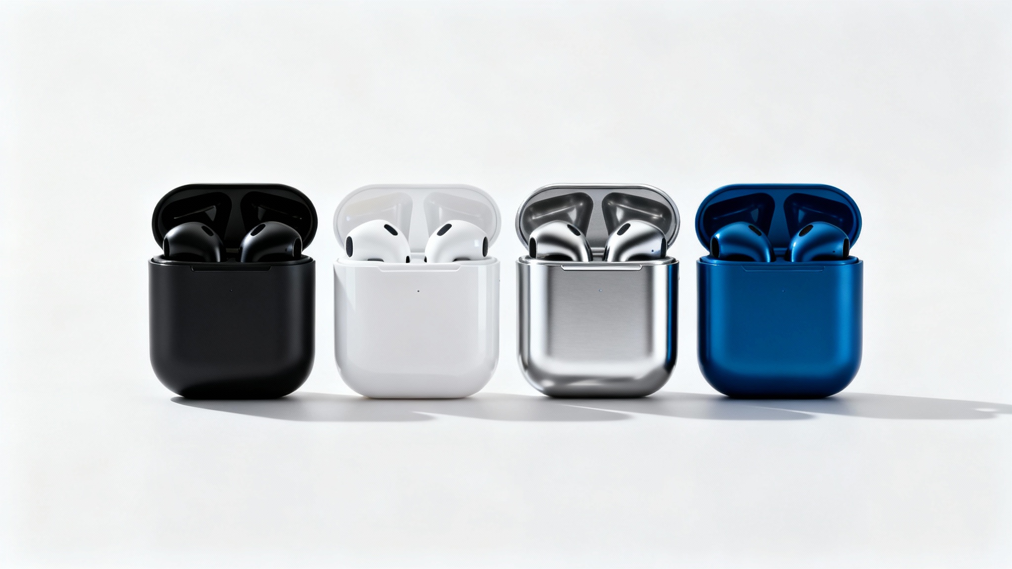 Four different pairs of modern wireless earbuds in black, white, silver, and blue, neatly arranged in a row for comparison on a clean white background.