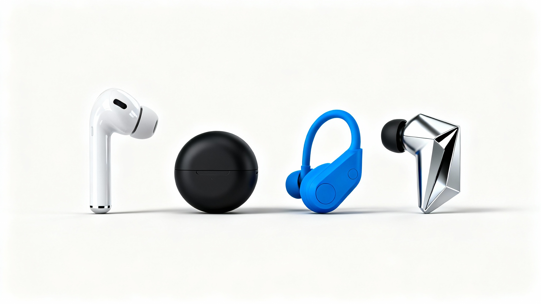 A lineup of four different pairs of modern wireless earbuds in various colors and styles, arranged for comparison on a clean white background.
