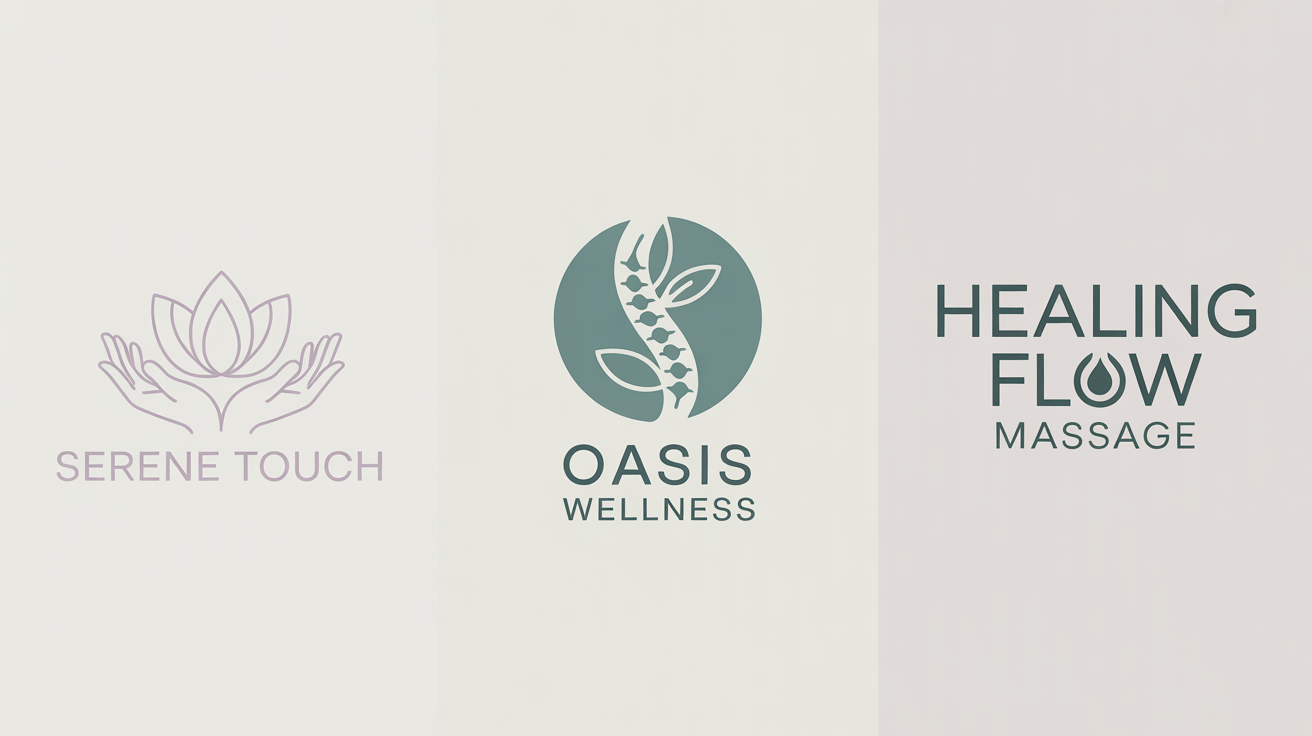Three professionally designed massage therapy logos showcased side-by-side on a clean background, representing the final output of a logo design tool.