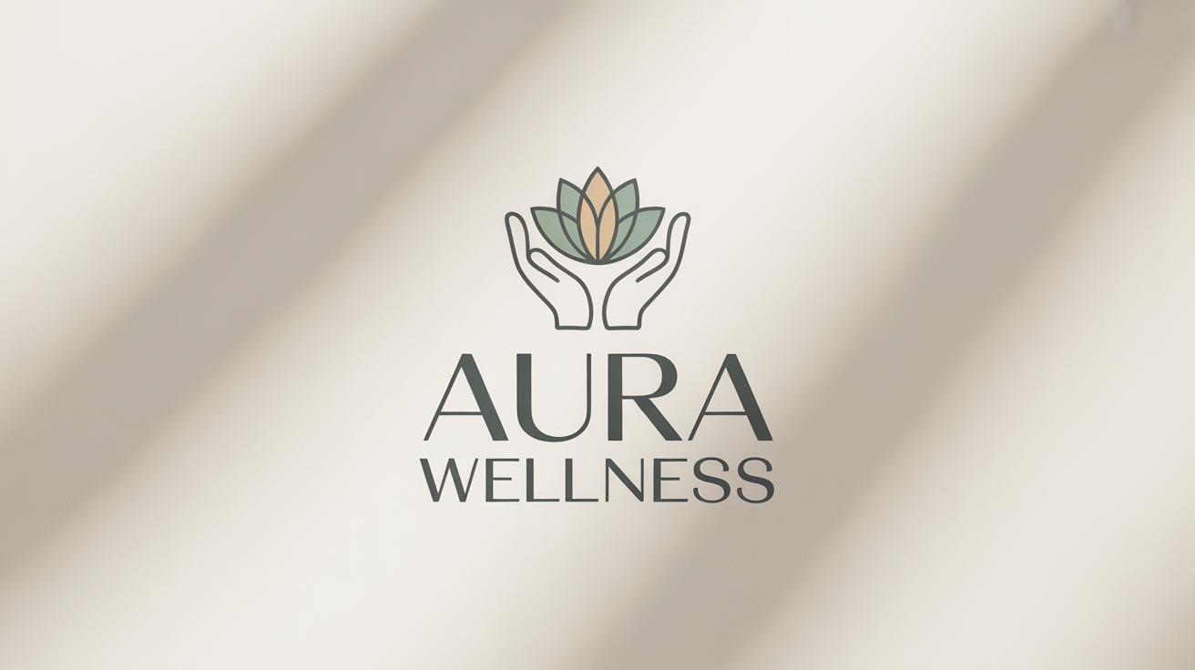 A minimalist and elegant massage logo mockup on a white background. The logo features green and gold line art of hands holding a lotus flower, with the text 'Aura Wellness' written underneath.