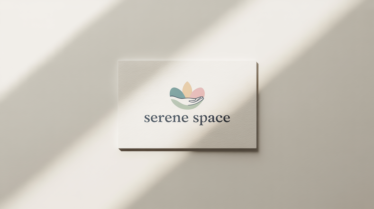 A mockup of a modern and elegant massage logo for a brand called 'Serene Space'. The logo, in shades of teal and green, features a hand and a lotus flower and is displayed on a business card against a white background.