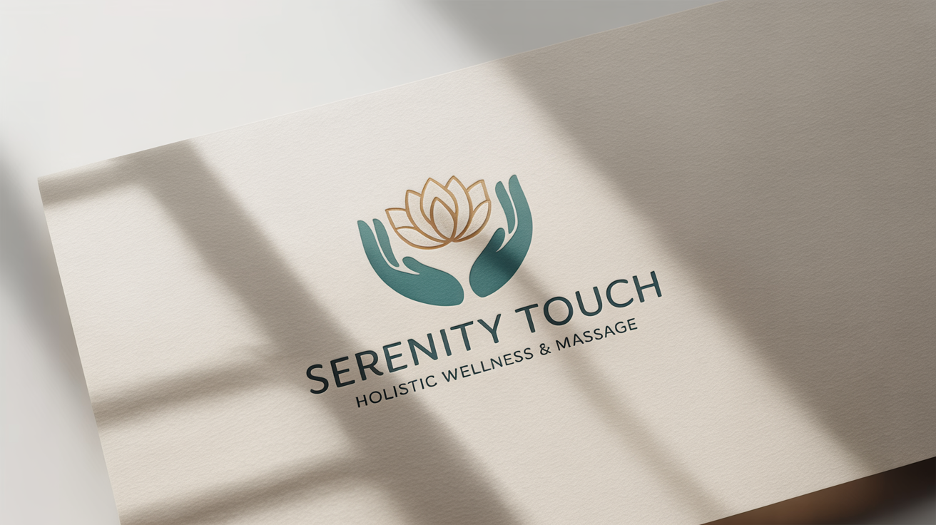 A mockup of a professional massage logo for a business named 'Serenity Touch', featuring a stylized hand and lotus icon in teal and gold on a white background.