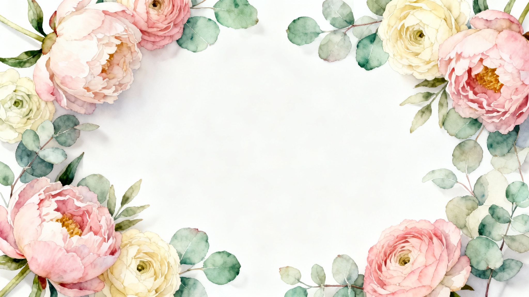 A digital template in a 16:9 aspect ratio featuring a beautiful watercolor floral border with pink and cream flowers, framing a blank white space in the center.