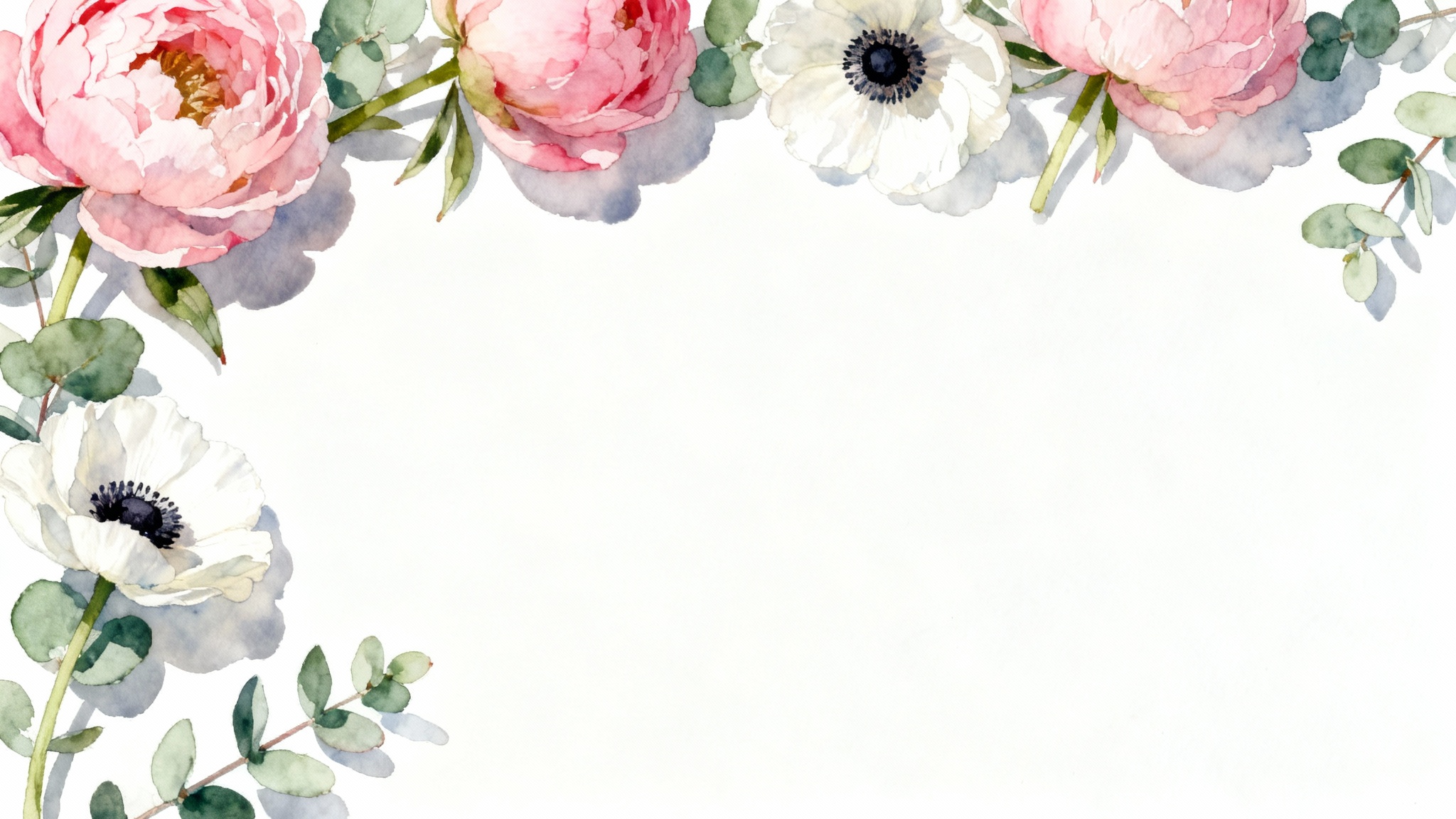 A beautiful mockup of a floral border featuring watercolor peonies and anemones in soft pink and white, elegantly framing a clean white background.