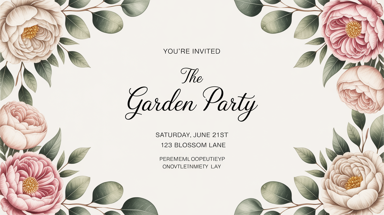An elegant card with a watercolor floral border of pink peonies and white roses, with invitation text for 'The Garden Party' in the center, on a white background.