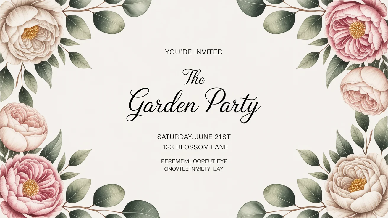 An elegant card with a watercolor floral border of pink peonies and white roses, with invitation text for 'The Garden Party' in the center, on a white background.