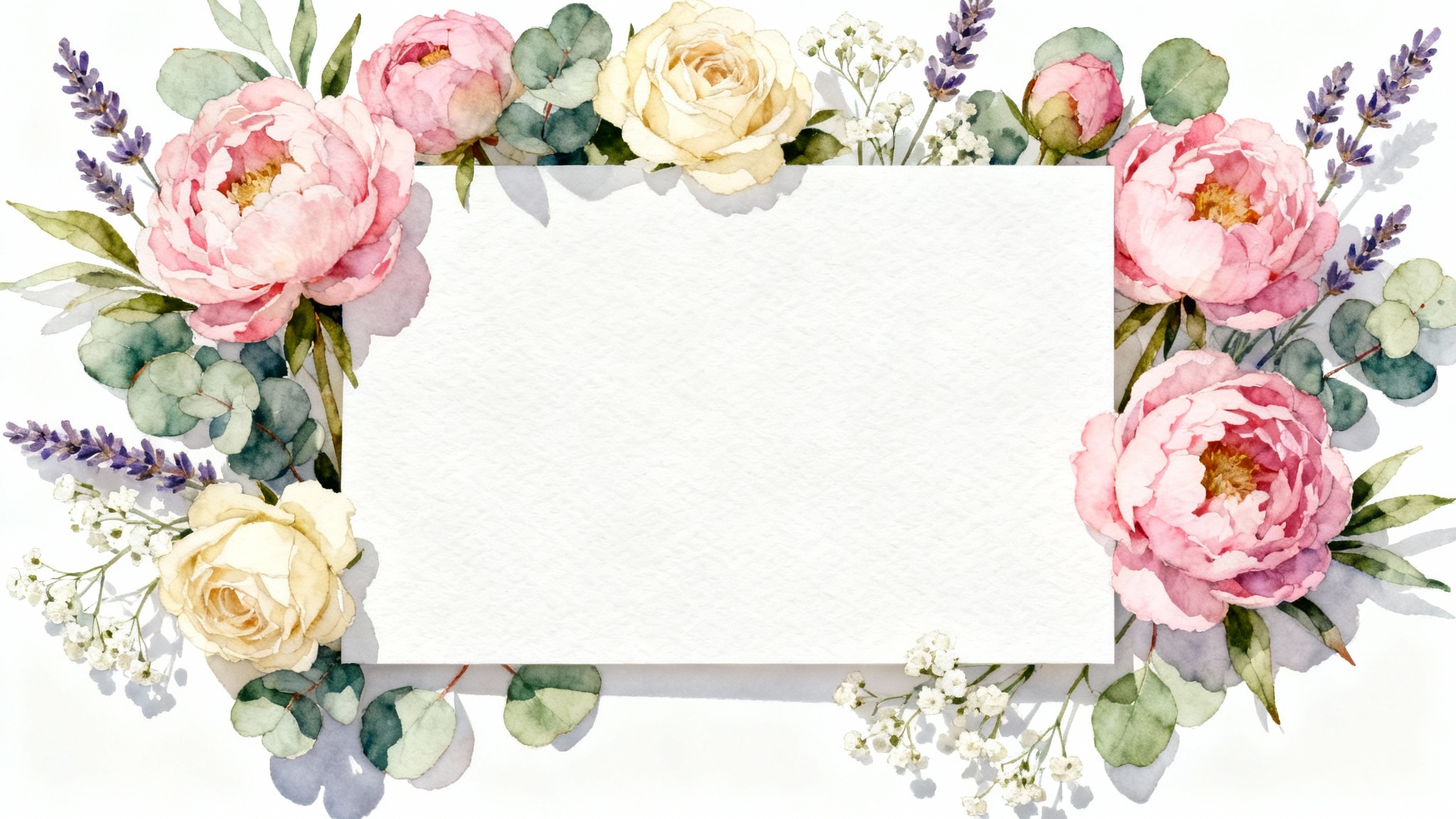 A top-down view of a rectangular white card framed by a detailed and delicate floral border of pink, cream, and purple flowers on a solid white background.
