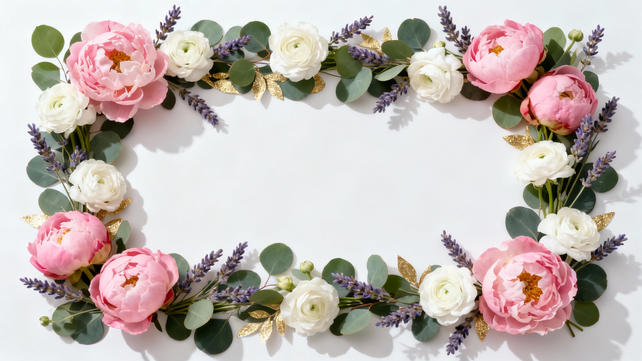 A beautiful mockup of a rectangular floral border made of pink peonies, white ranunculus, and lavender on a clean white background, with an empty space in the middle.