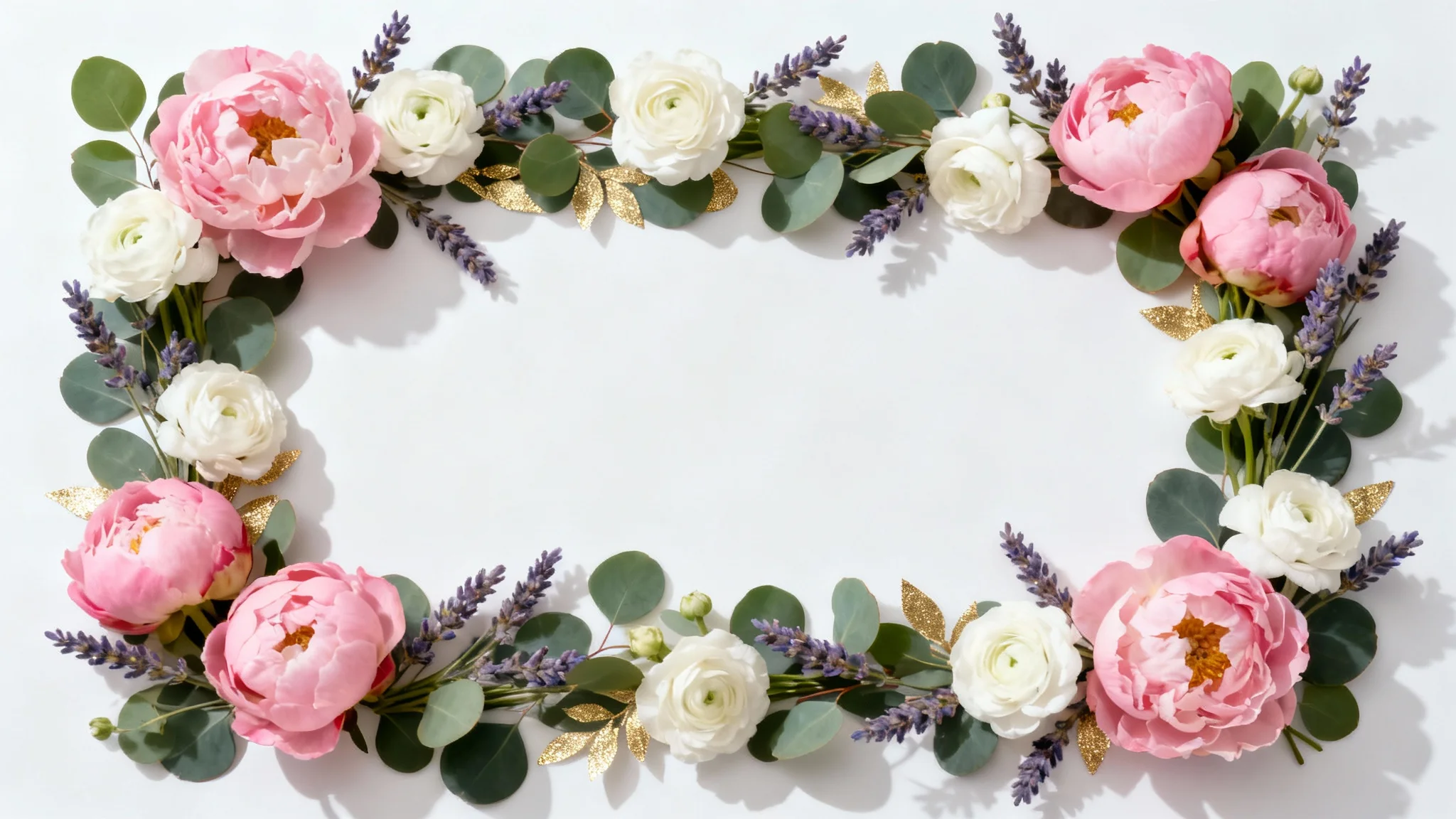 A beautiful mockup of a rectangular floral border made of pink peonies, white ranunculus, and lavender on a clean white background, with an empty space in the middle.