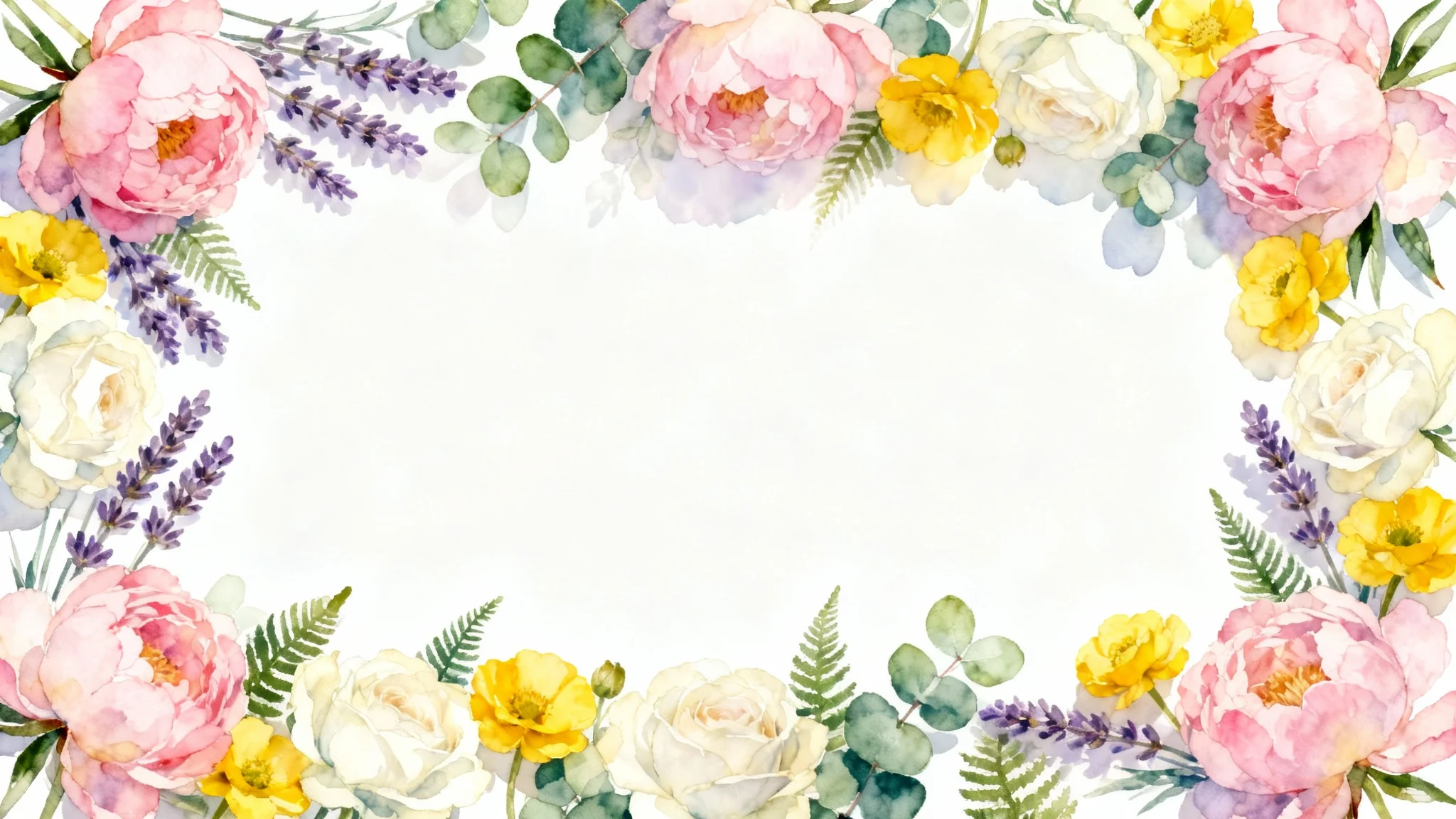 An elegant floral border with watercolor-style pink peonies, lavender, and white roses, arranged in a rectangular frame on a clean white background.