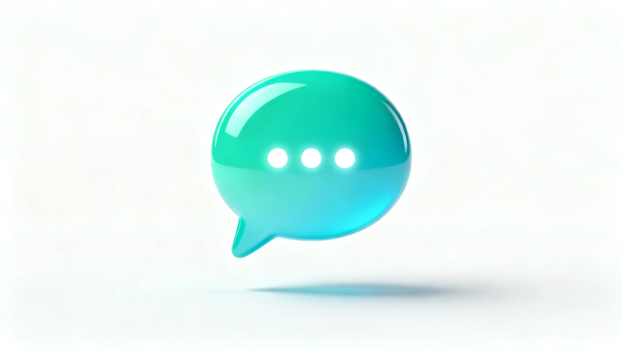 A 3D rendered icon of a glossy, blue-green chat bubble with a typing indicator inside, isolated on a white background.