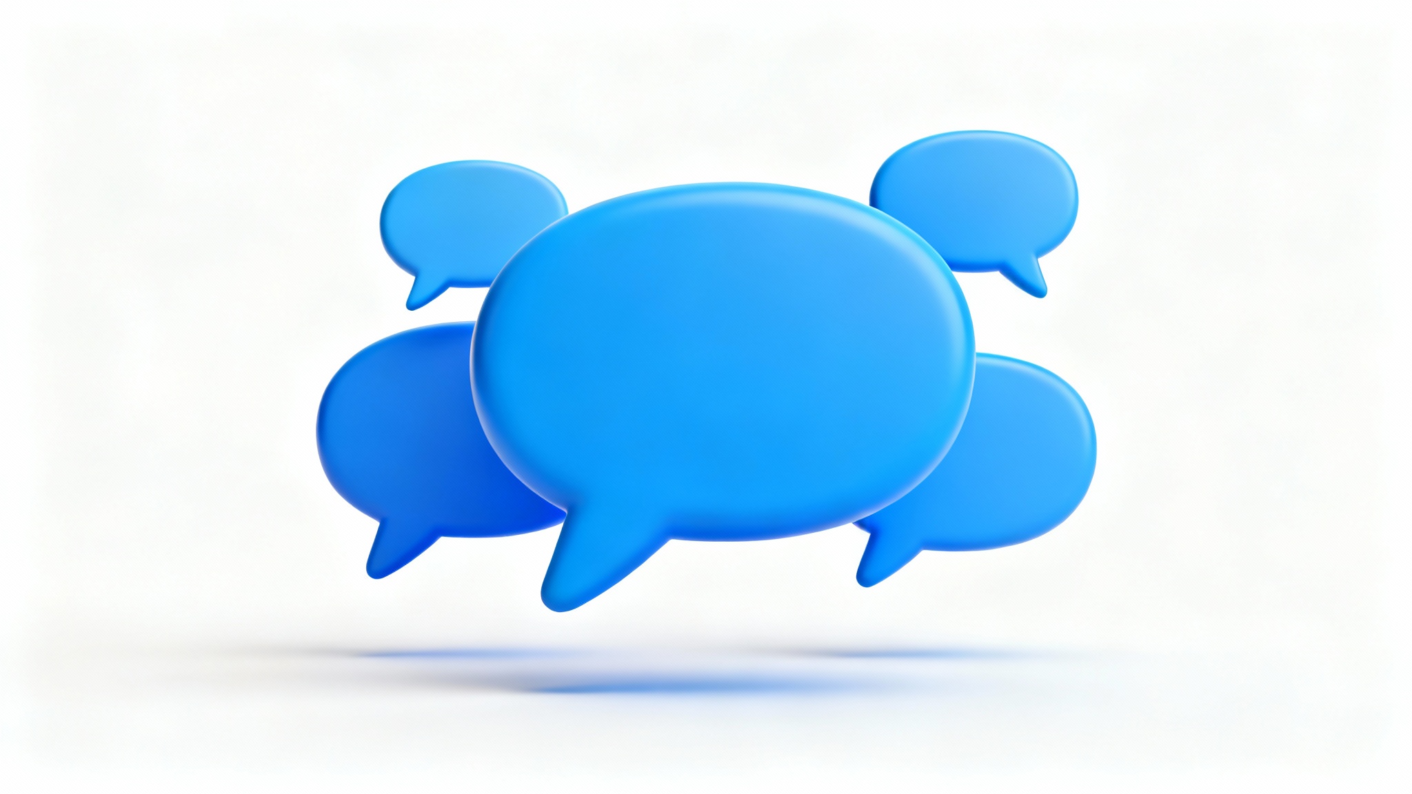 A 3D illustration of several blue chat bubbles of varying sizes floating against a clean white background, symbolizing communication and conversation.