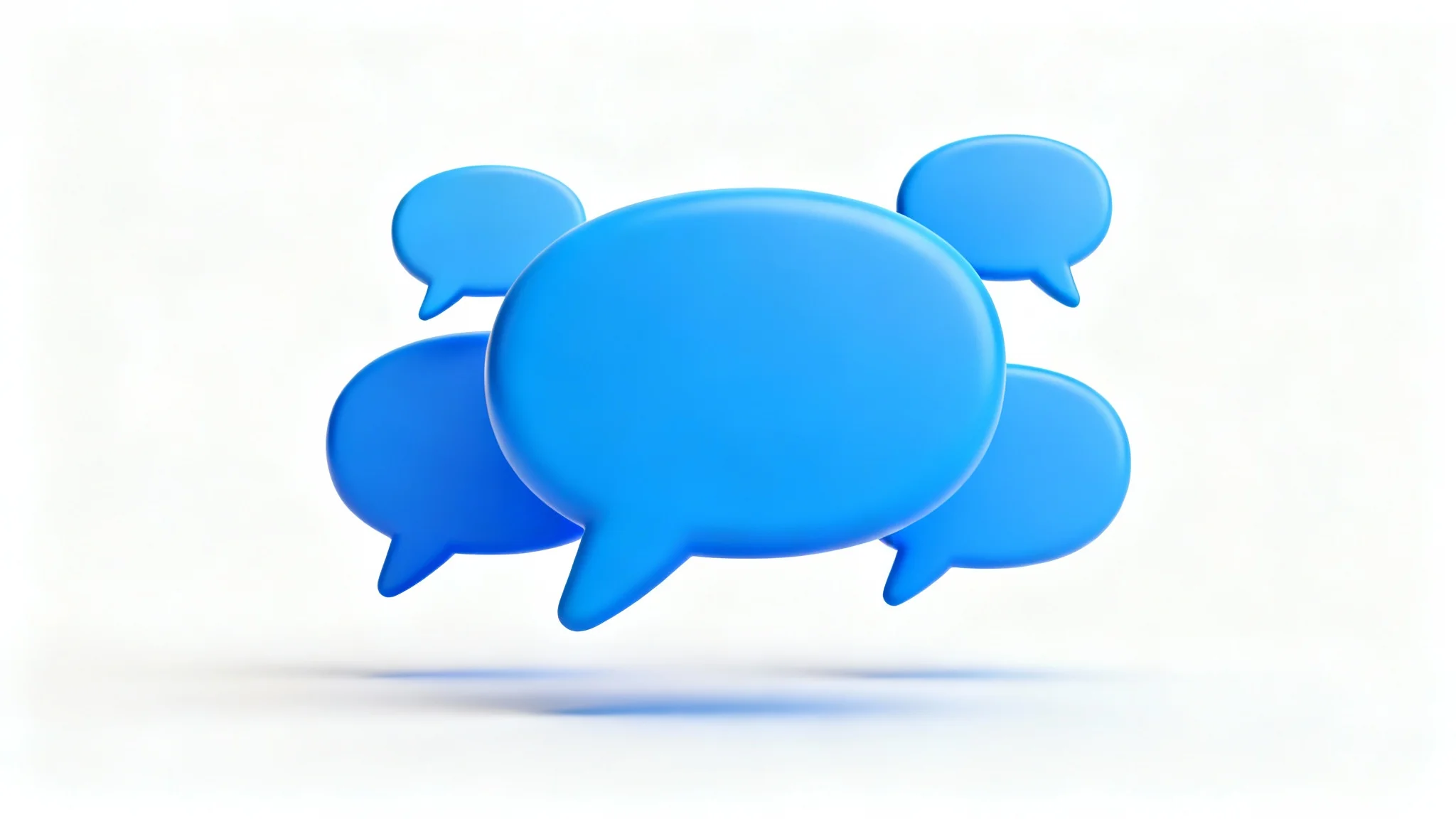 A 3D illustration of several blue chat bubbles of varying sizes floating against a clean white background, symbolizing communication and conversation.