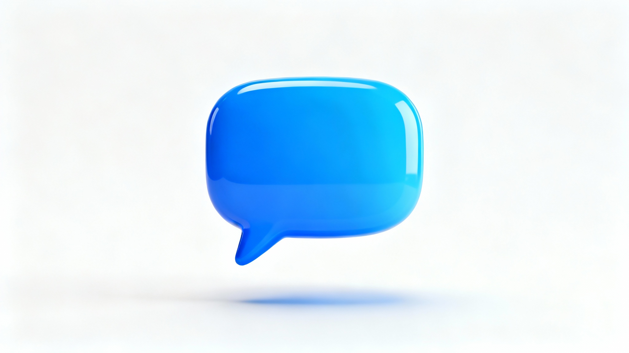 A 3D rendered image of a single, glossy blue chat bubble icon floating against a plain white background, symbolizing communication and messaging.