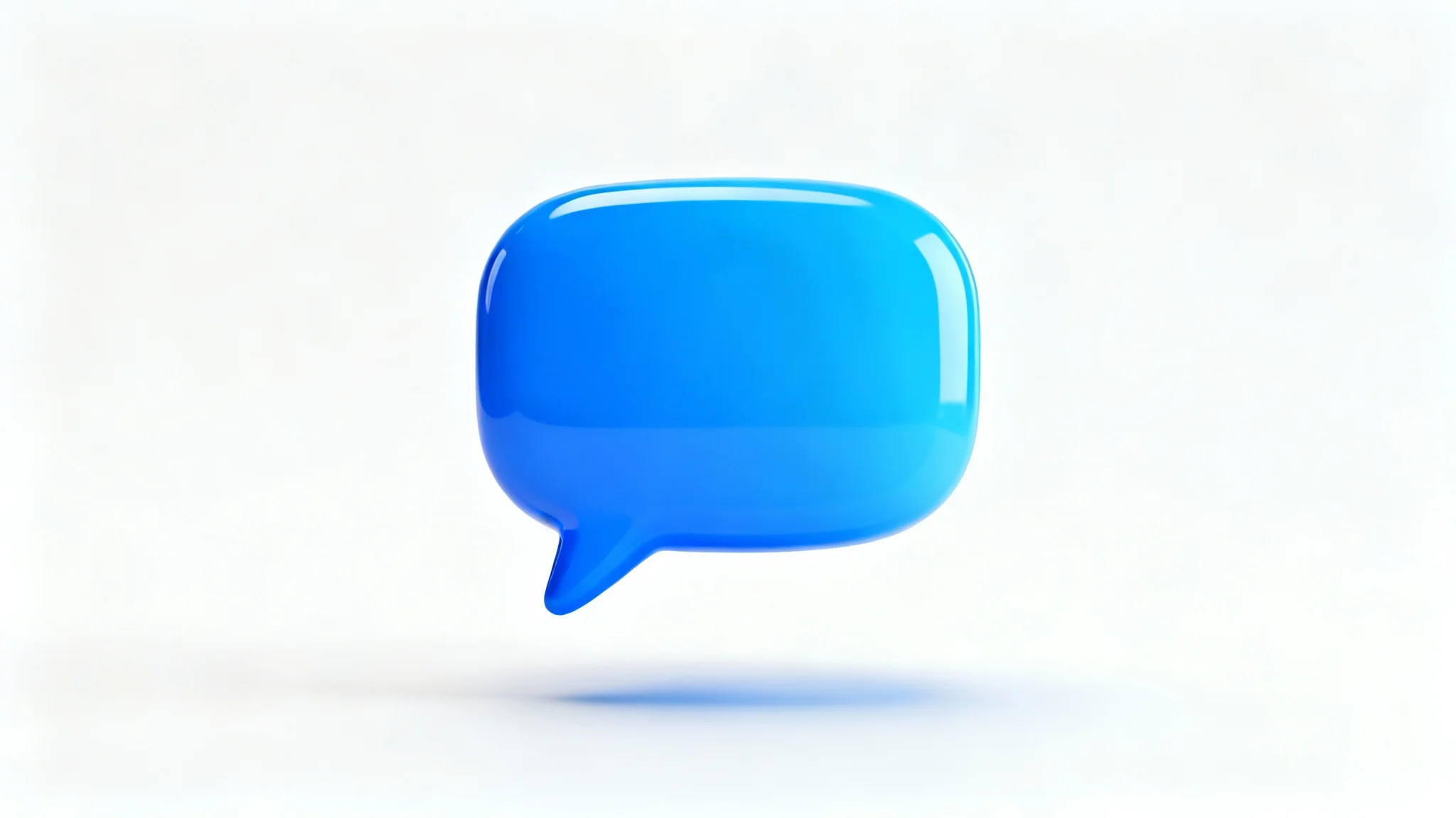 A 3D rendered image of a single, glossy blue chat bubble icon floating against a plain white background, symbolizing communication and messaging.
