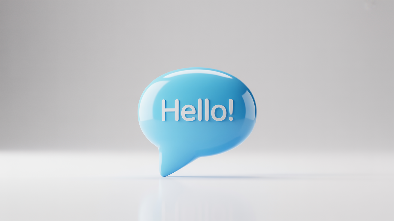 A 3D rendering of a single, glossy blue chat bubble icon on a white background, containing the word 'Hello!' in white text.