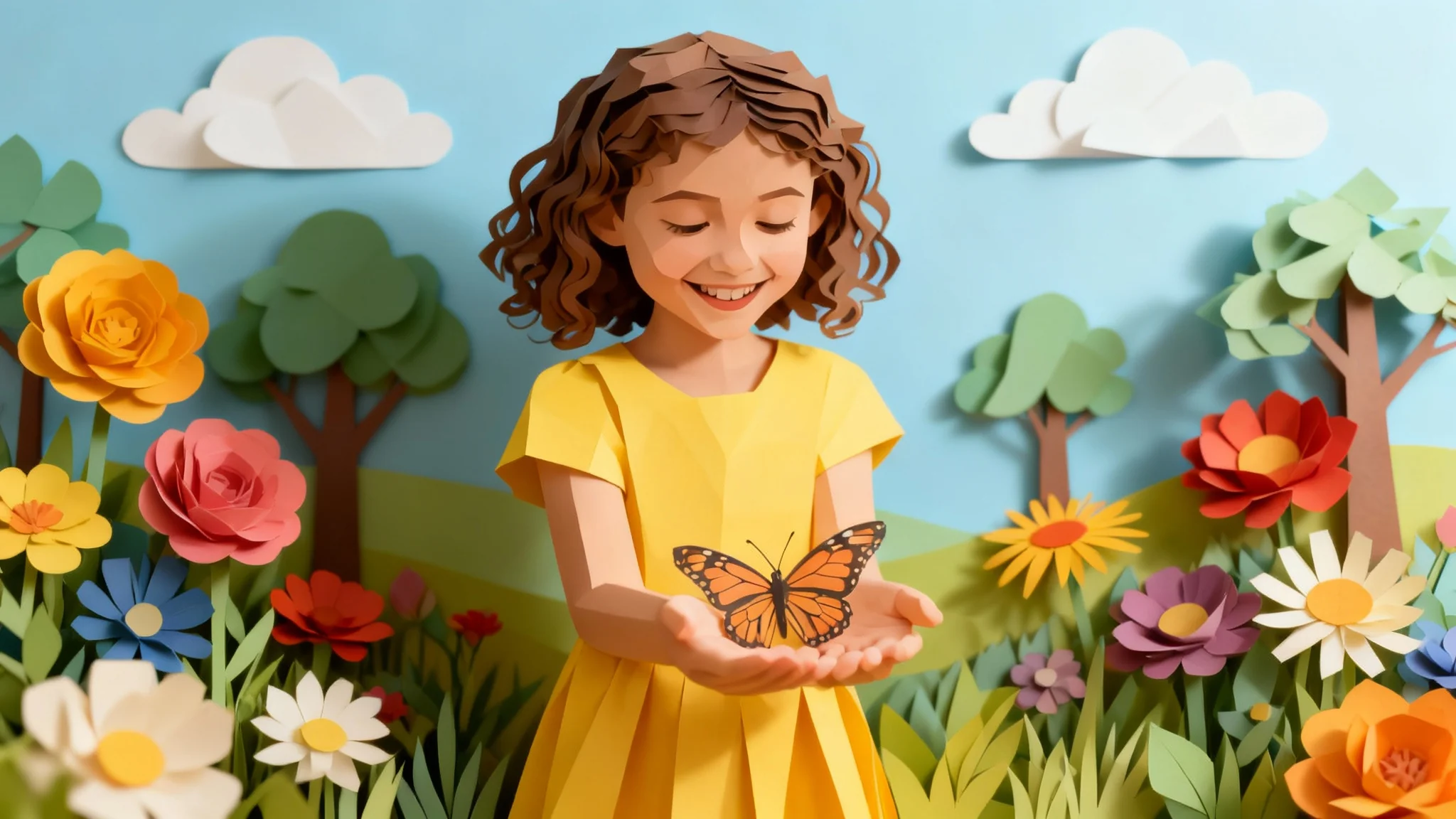 An eye-catching hero image showing a whimsical garden scene made entirely in a 3D paper cutout style. A young girl holds a butterfly, both made of layered paper, surrounded by paper flowers and trees, demonstrating a papercraft effect.