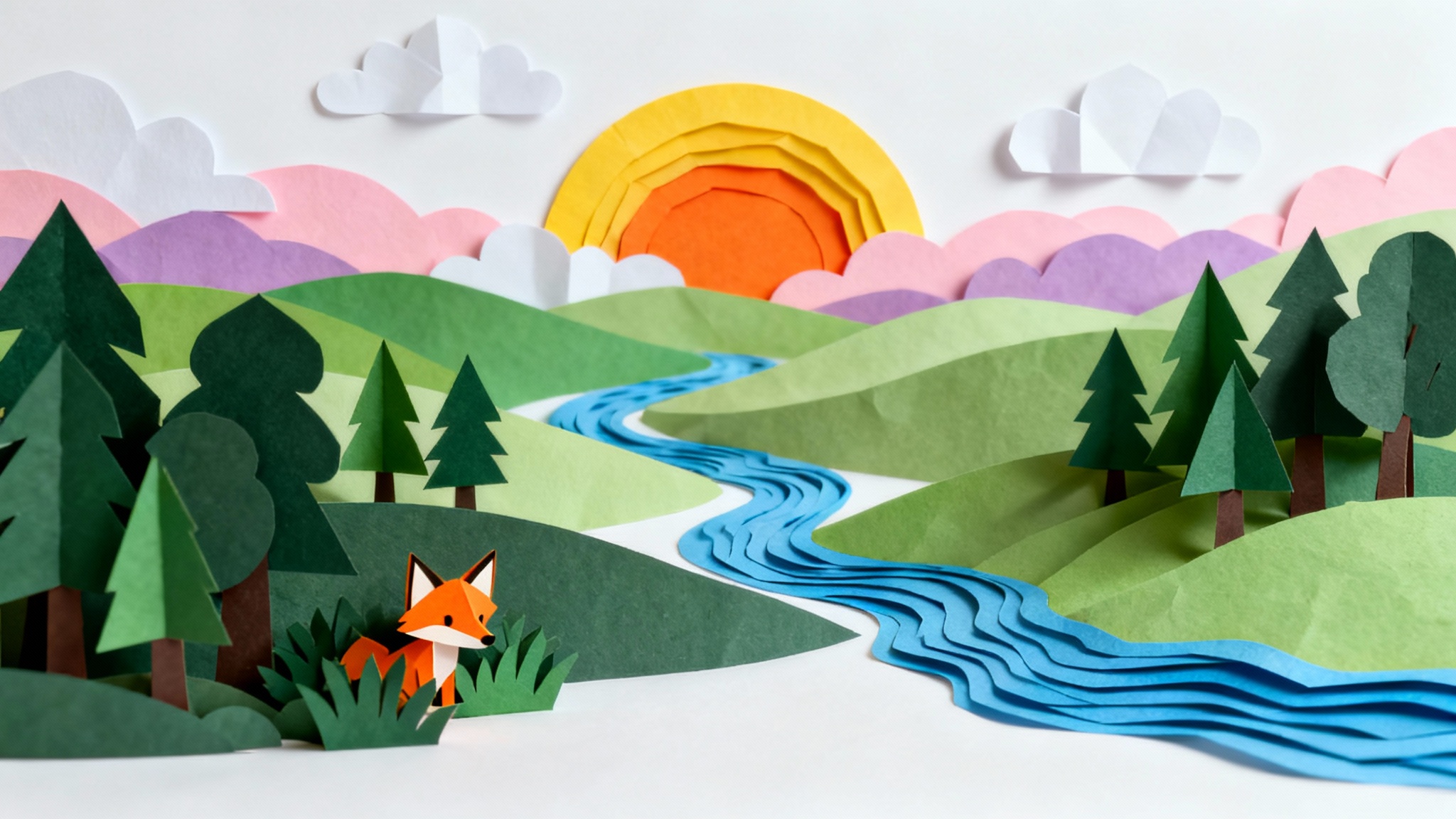 A vibrant, 3D paper cutout diorama of a forest landscape at sunset, featuring layered paper trees, hills, a river, and a small fox, all set against a clean white background.