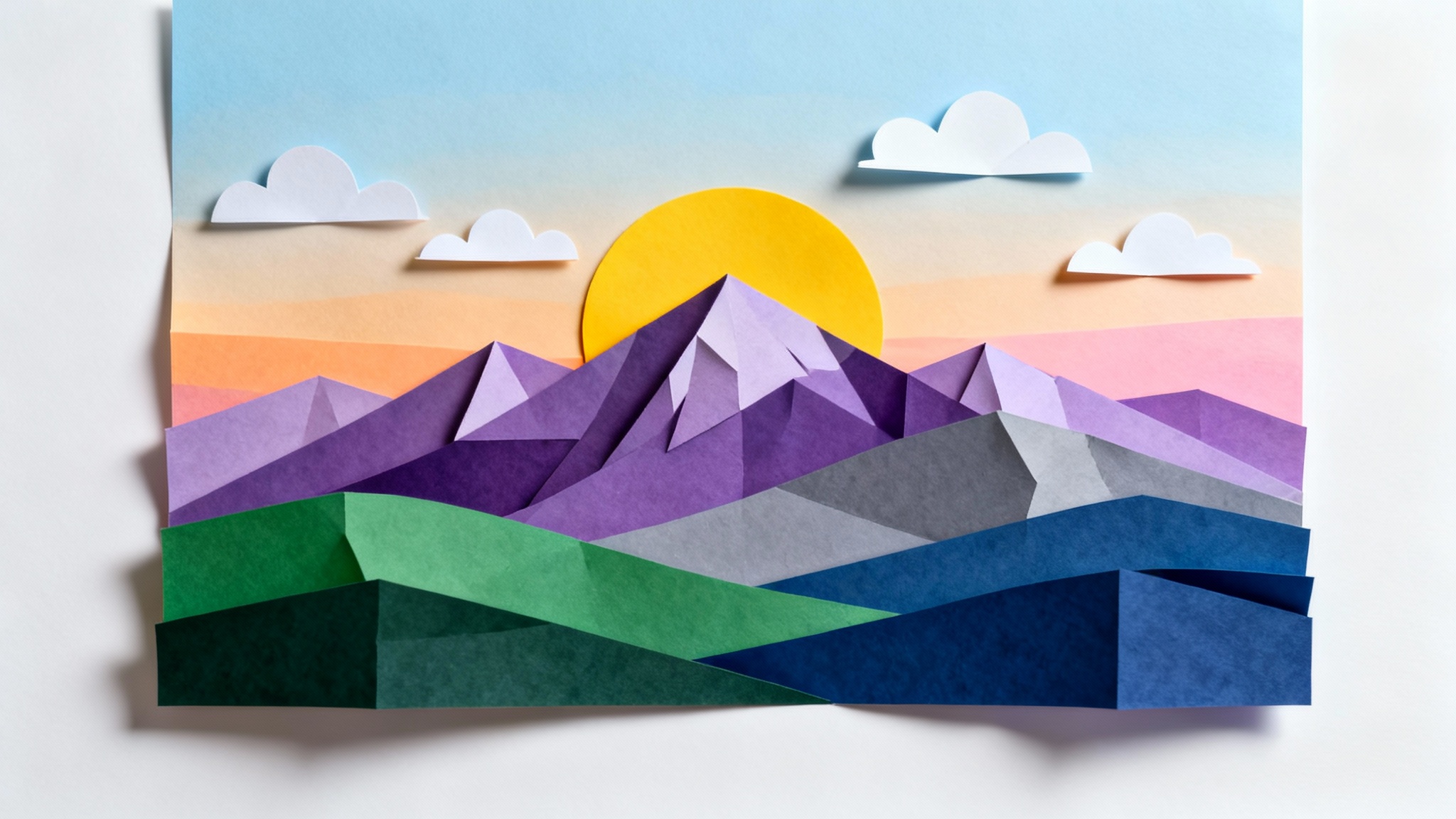 A vibrant landscape made from layers of cut paper, depicting purple mountains, rolling green hills, and a rising sun against a blue and pink sky, all set against a clean white background to showcase a 3D paper cutout effect.
