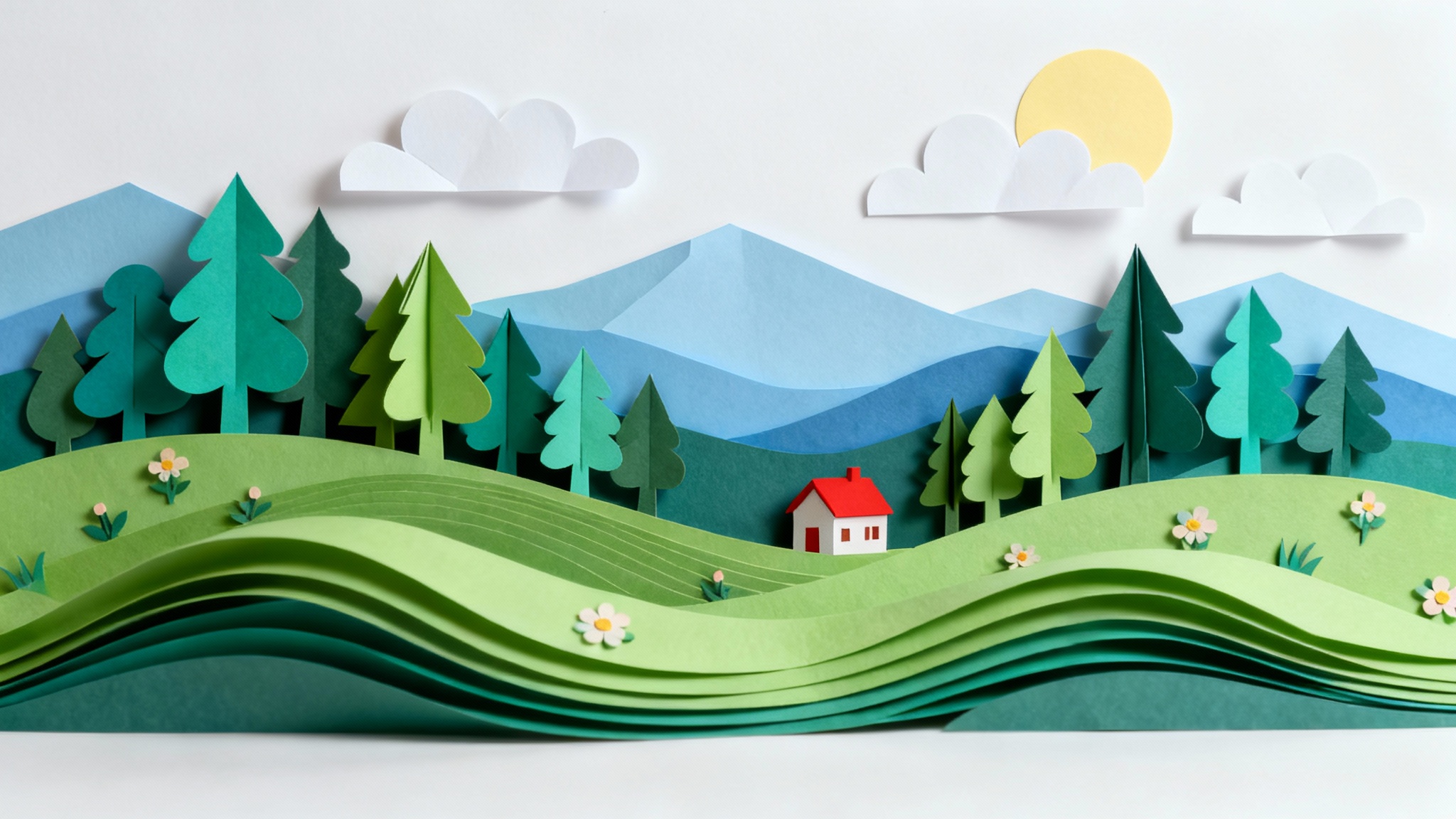 A colorful, multi-layered paper cutout landscape showing green hills, trees, a small house, and blue mountains, demonstrating a 3D paper cutout effect against a white background.