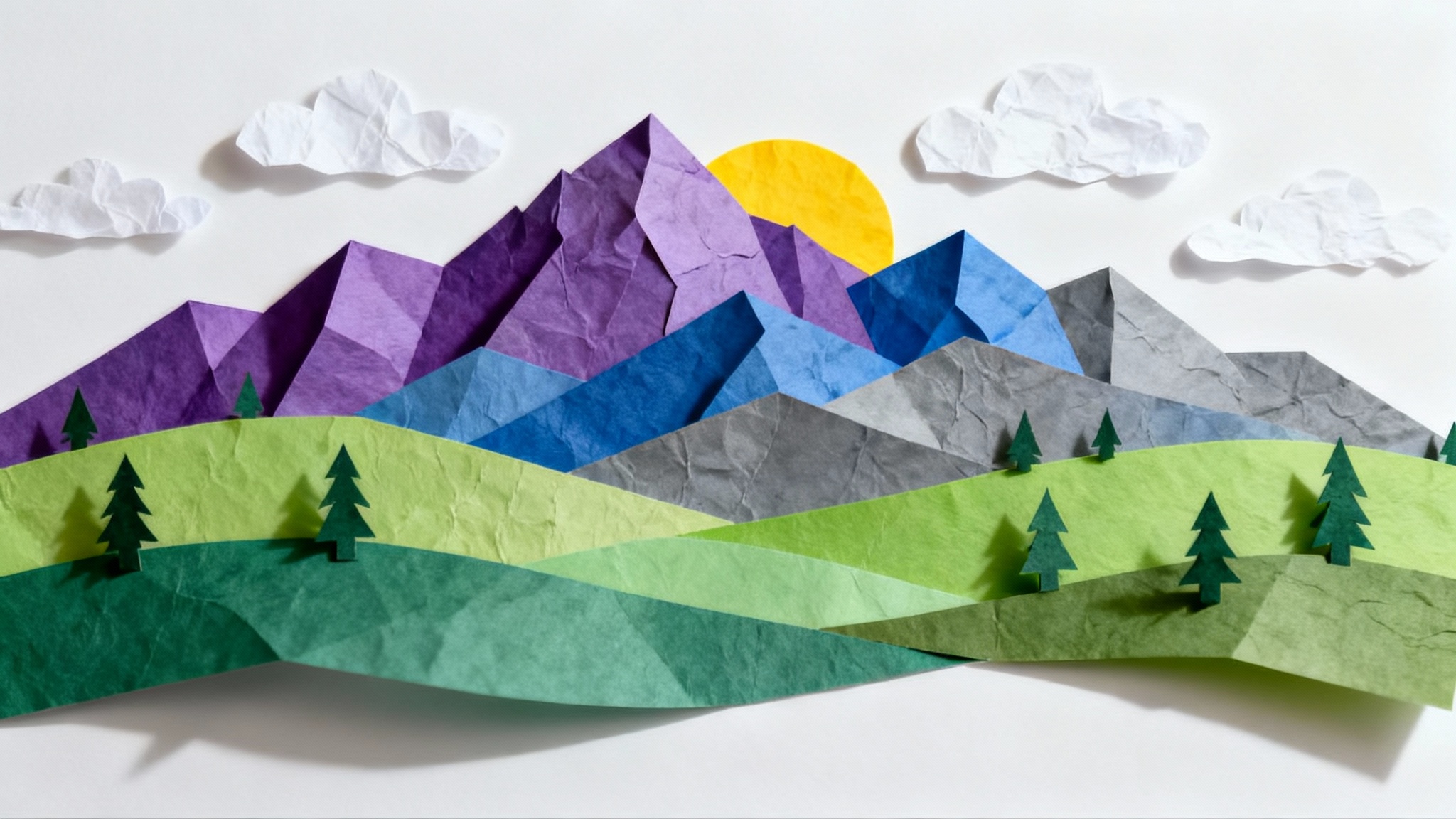 A vibrant landscape made from layered paper cutouts, featuring purple mountains, green hills, and a yellow sun, all casting soft shadows to create a 3D effect against a white background.