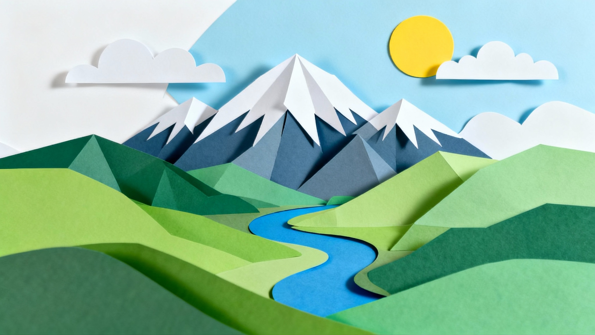 A vibrant landscape scene created with a layered paper cutout effect, showing green hills, a blue river, and snow-capped mountains against a white background.