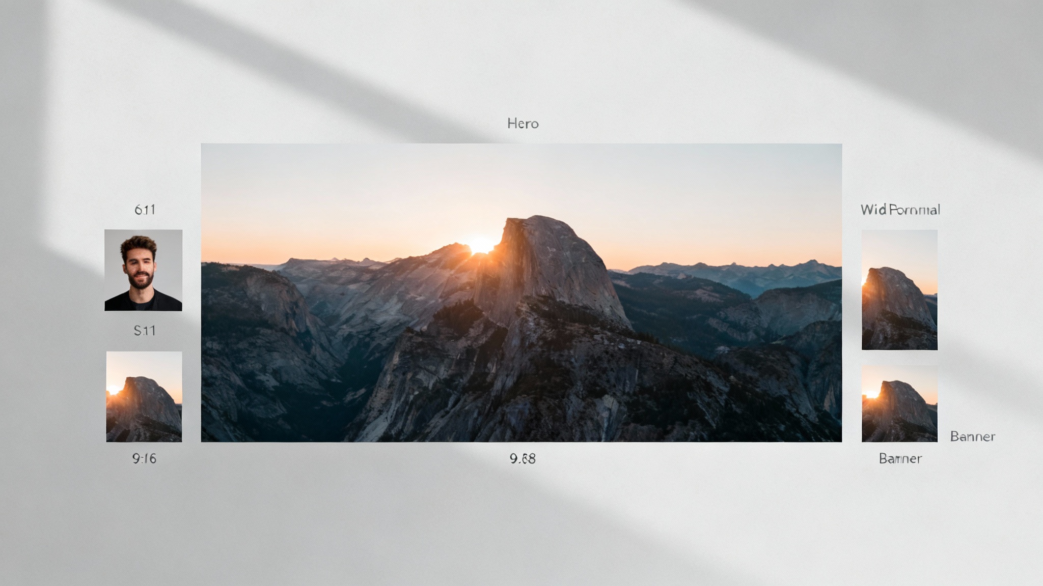 A hero image demonstrating an image resizing tool, showing a central landscape photo with smaller versions resized for different formats like square, vertical story, and wide banner.