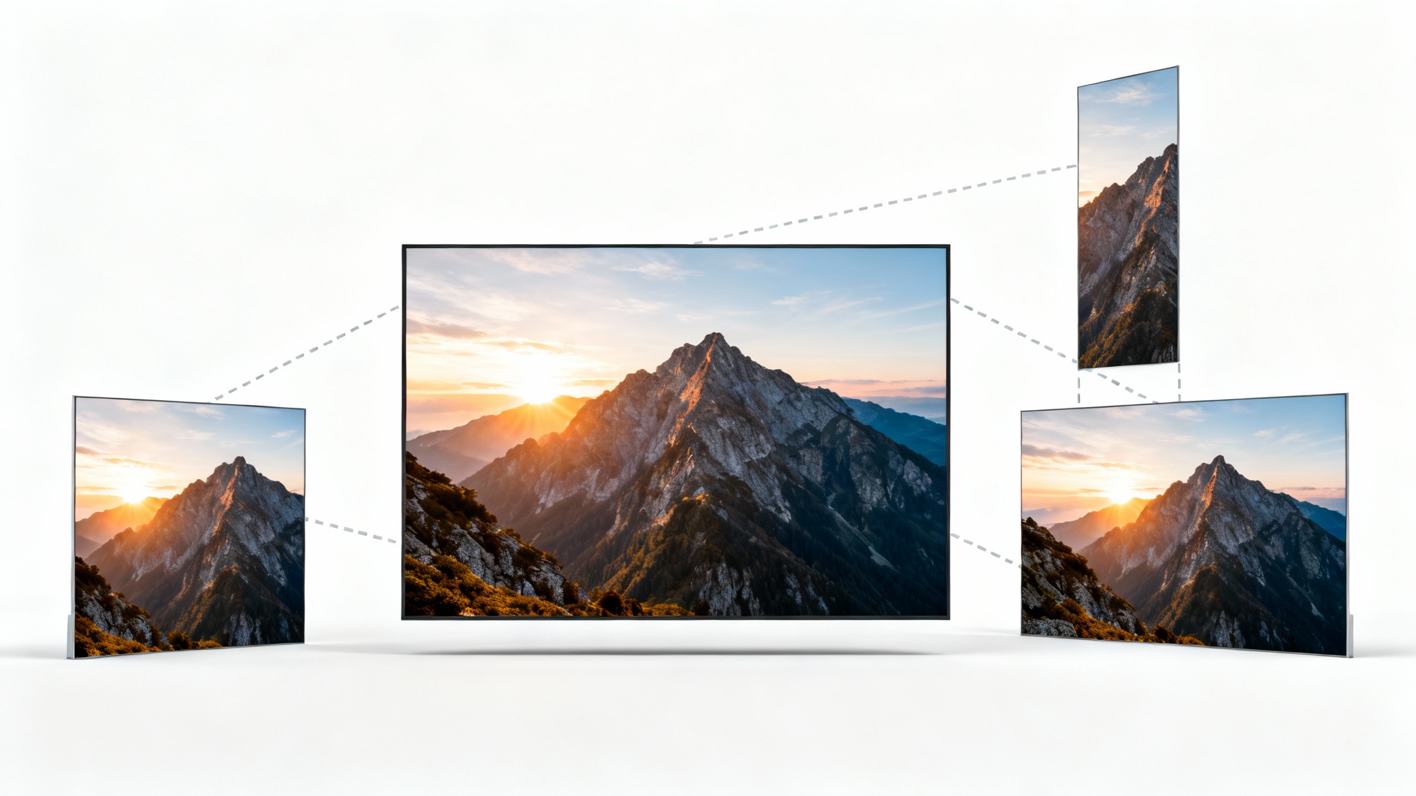 A central, large photo of a mountain landscape is surrounded by three smaller versions of the same photo, each resized to a different aspect ratio, demonstrating the concept of image resizing.