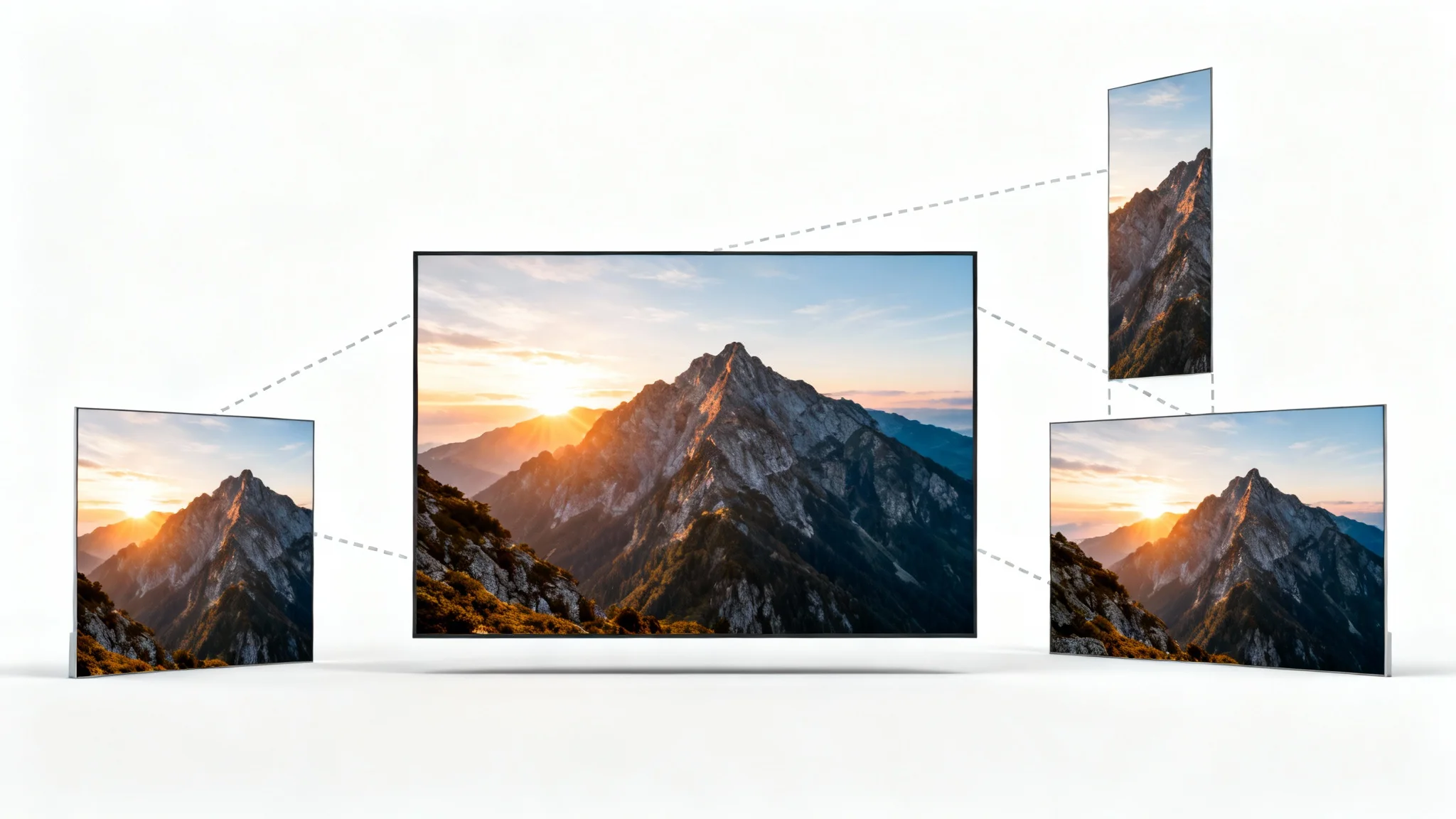 A central, large photo of a mountain landscape is surrounded by three smaller versions of the same photo, each resized to a different aspect ratio, demonstrating the concept of image resizing.
