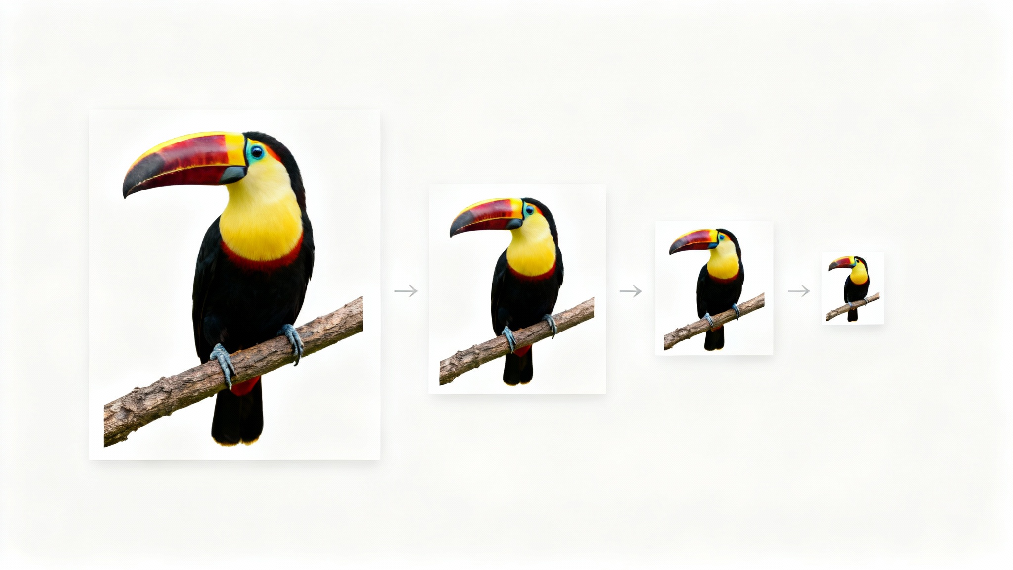 A conceptual image illustrating resizing, showing four copies of a vibrant toucan photo arranged horizontally from largest to smallest against a plain white background.