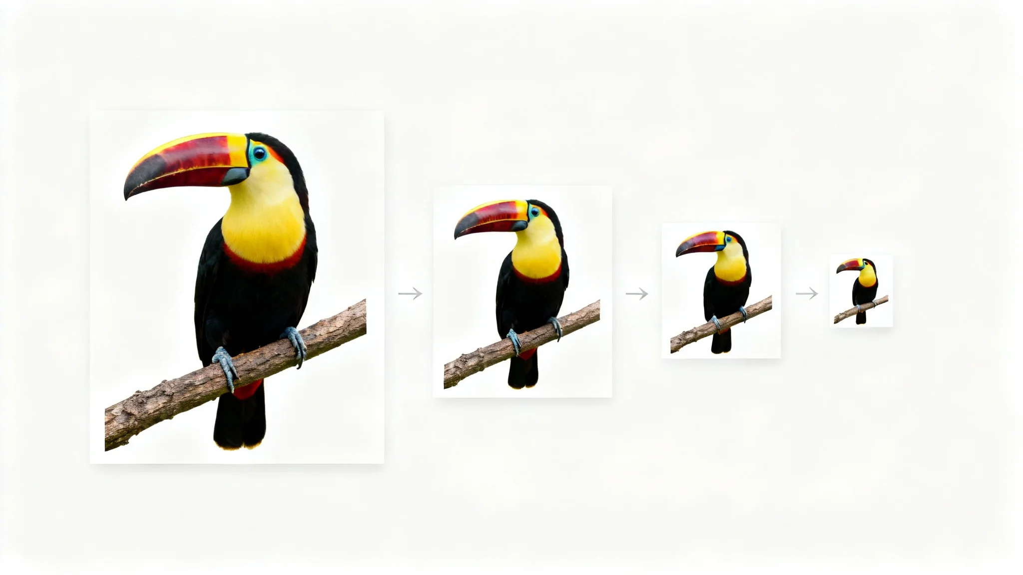 A conceptual image illustrating resizing, showing four copies of a vibrant toucan photo arranged horizontally from largest to smallest against a plain white background.