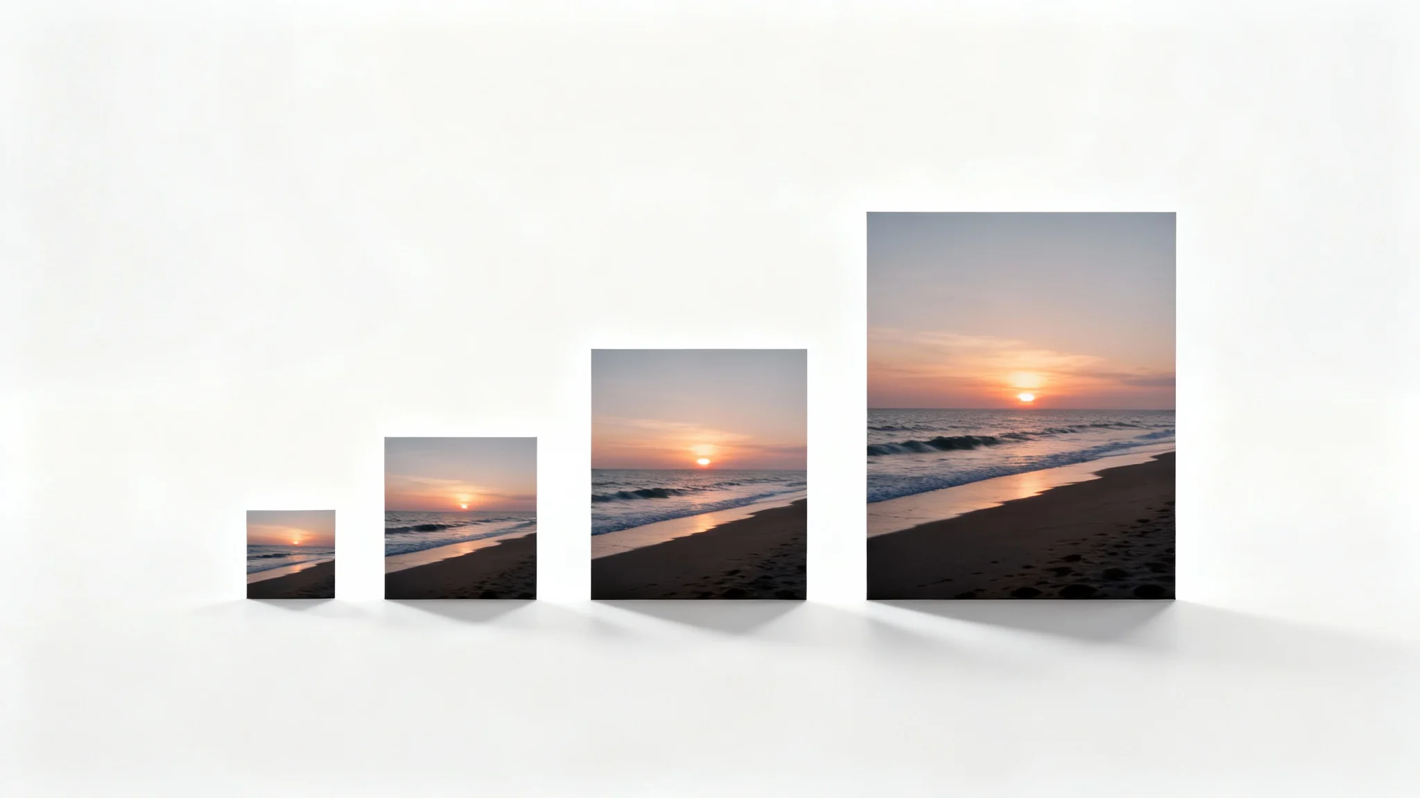 A conceptual image showing three copies of a beach sunset photo, each a different size, small, medium, and large, arranged in a row on a white background to represent image resizing.