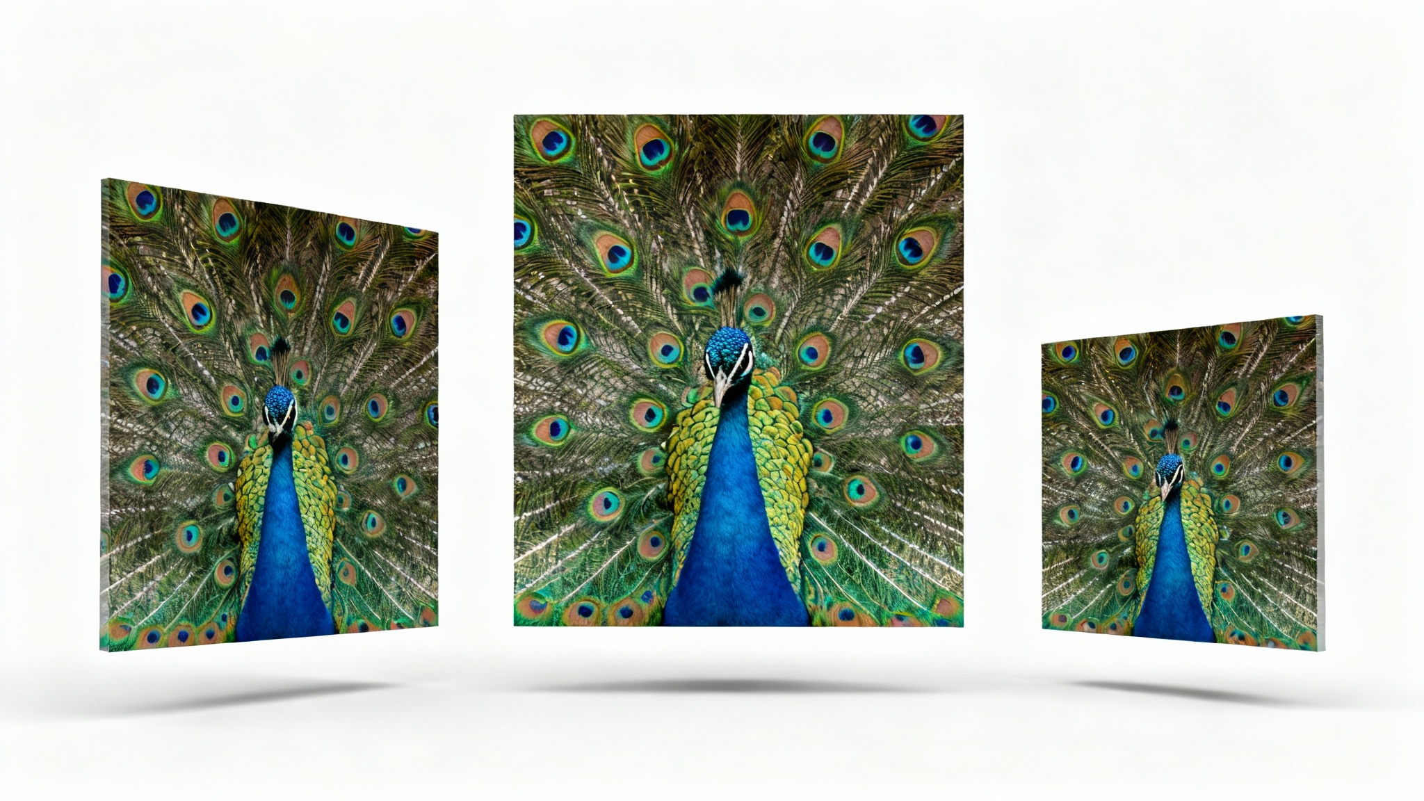 A visual metaphor for image resizing, showing a large, medium, and small version of a vibrant peacock photograph, all perfectly scaled and displayed side-by-side on a white background.