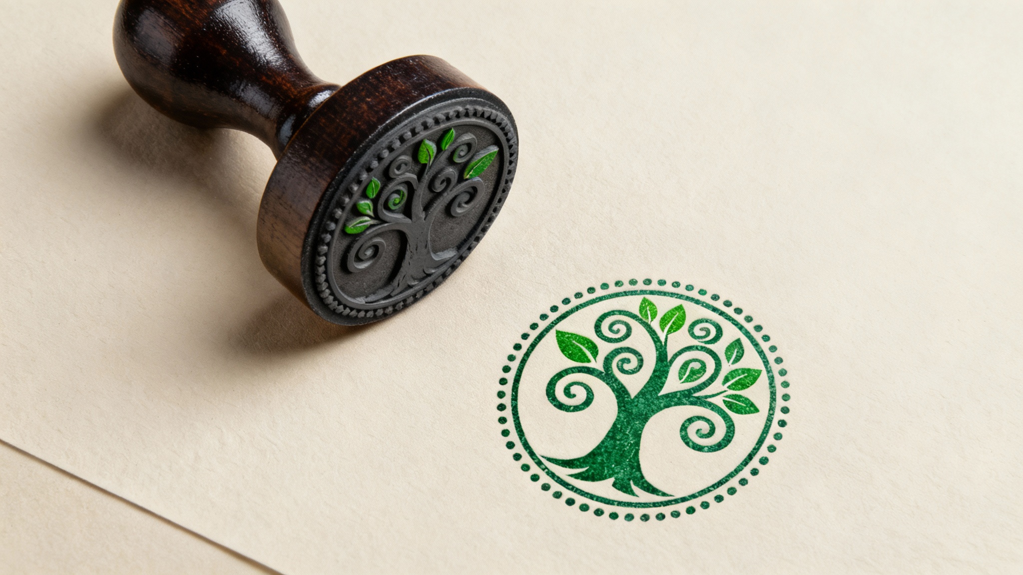 A close-up photo of a round wooden stamp lying next to its impression on beige paper. The green ink impression shows a stylized tree with swirling branches inside a circular border.