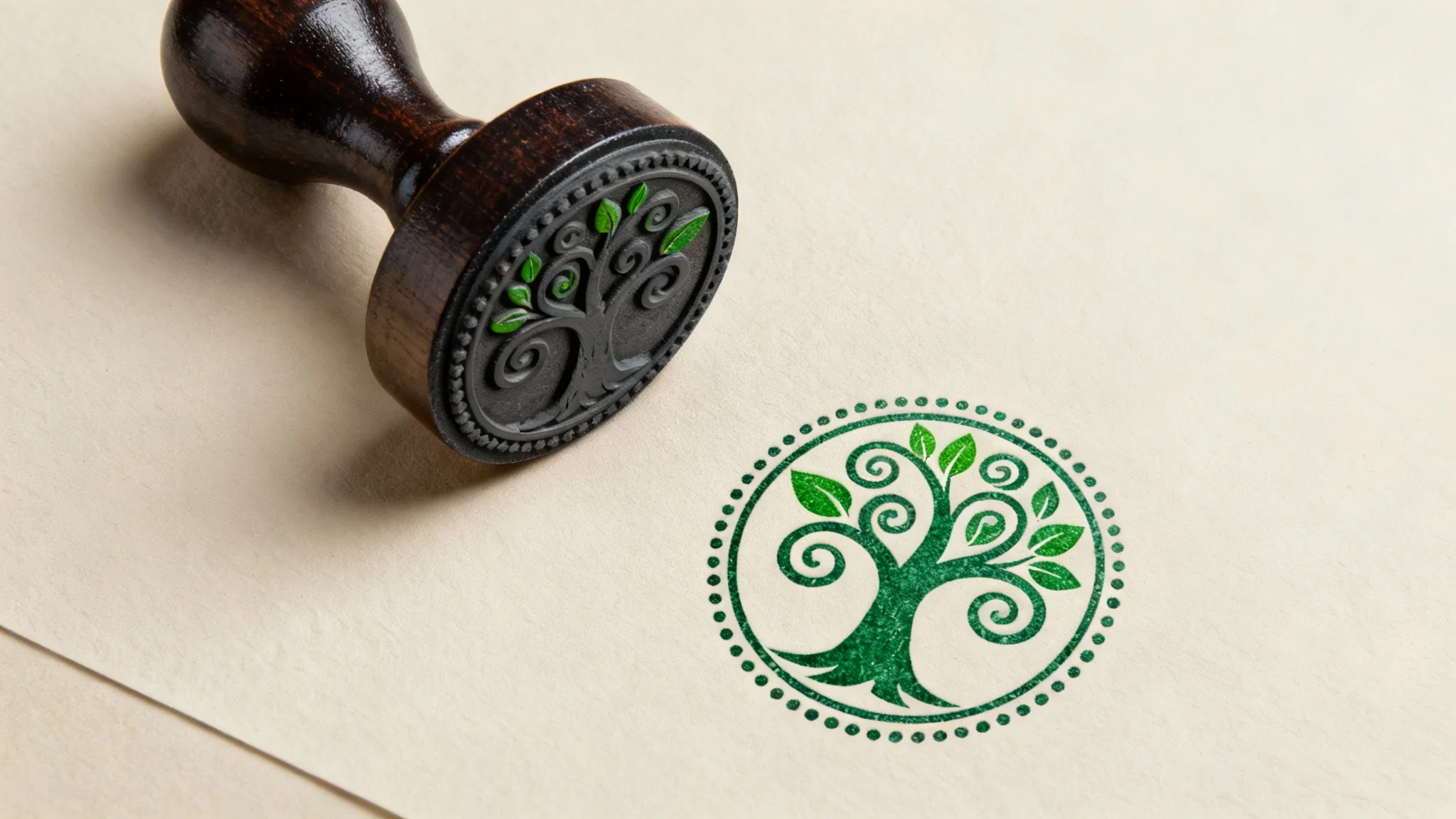 A close-up photo of a round wooden stamp lying next to its impression on beige paper. The green ink impression shows a stylized tree with swirling branches inside a circular border.