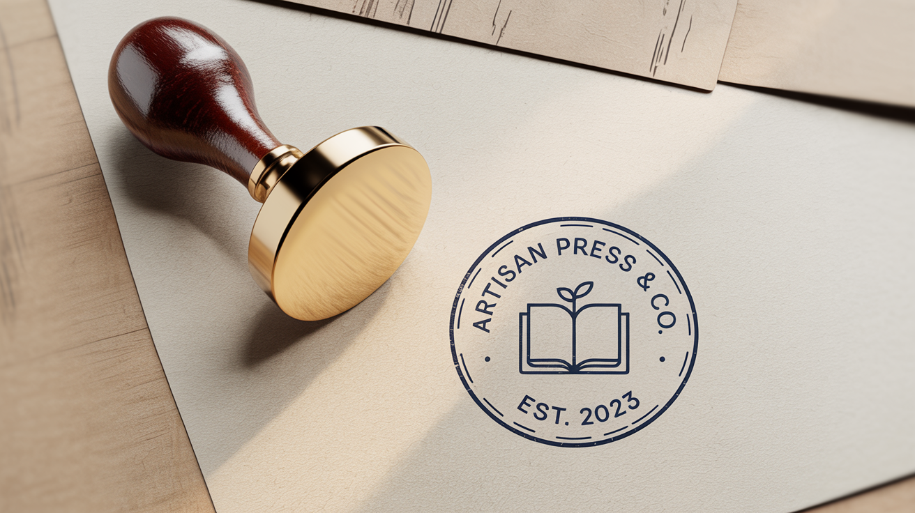 A photorealistic mockup of a round stamp with a wooden handle, displayed next to its navy blue ink impression on paper, which reads 'Artisan Press & Co.' with a book and sprout icon.