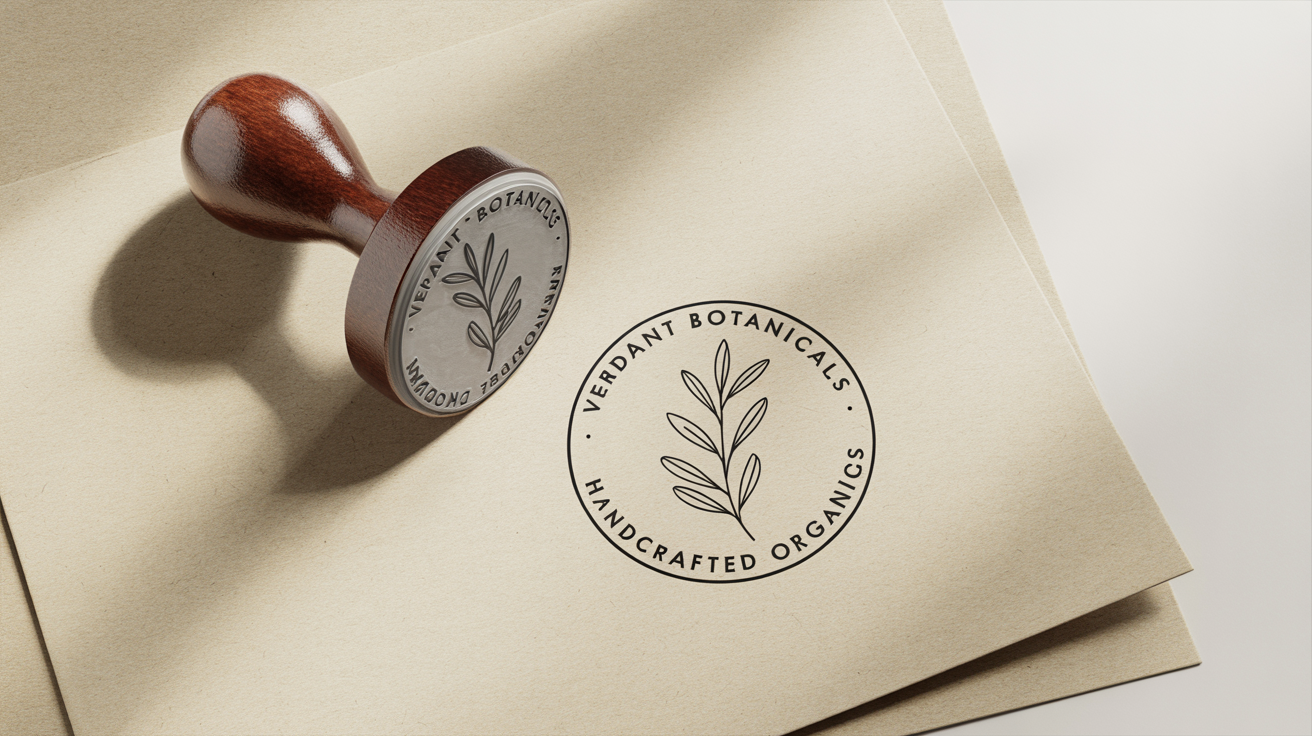 A photorealistic mockup of a round wooden stamp and its green ink impression on white paper, featuring the text 'Verdant Botanicals Handcrafted Organics' and a leaf logo.