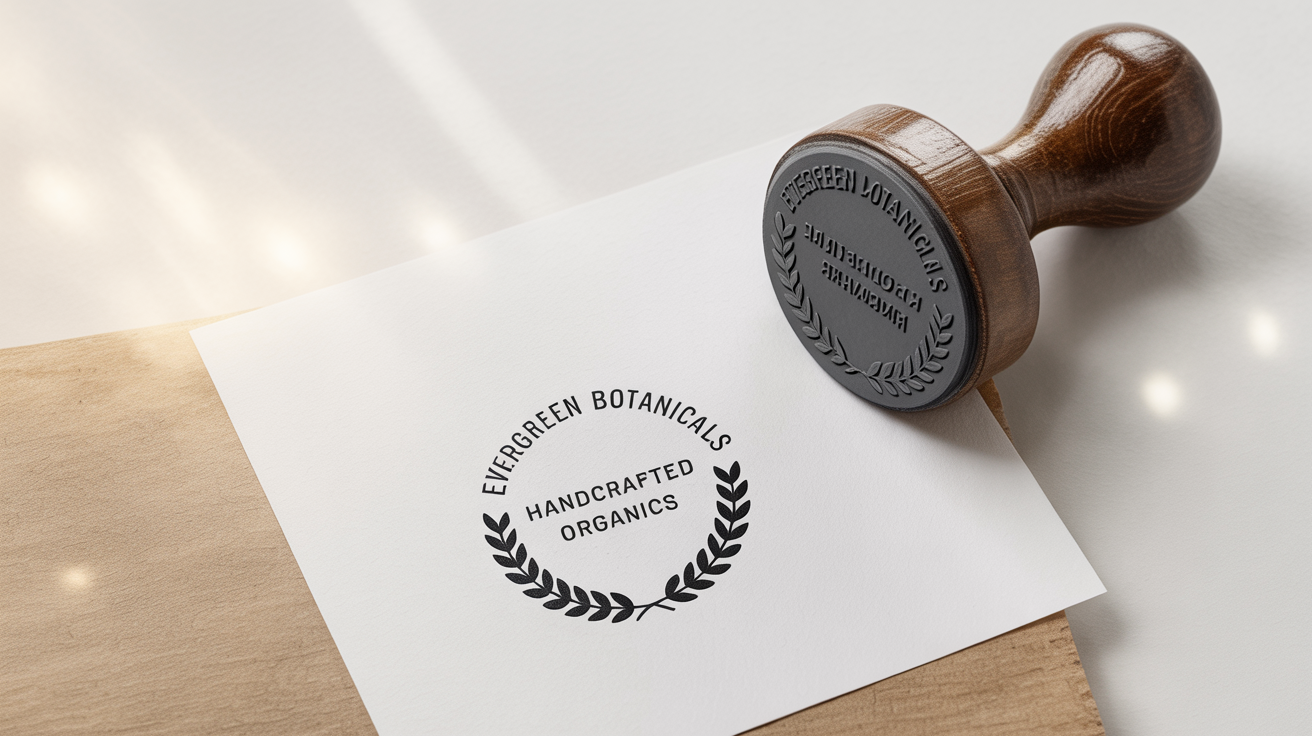 A photorealistic mockup of a round stamp with a wooden handle, placed next to its black ink impression on a white piece of paper. The stamp impression reads 'Evergreen Botanicals Handcrafted Organics'.