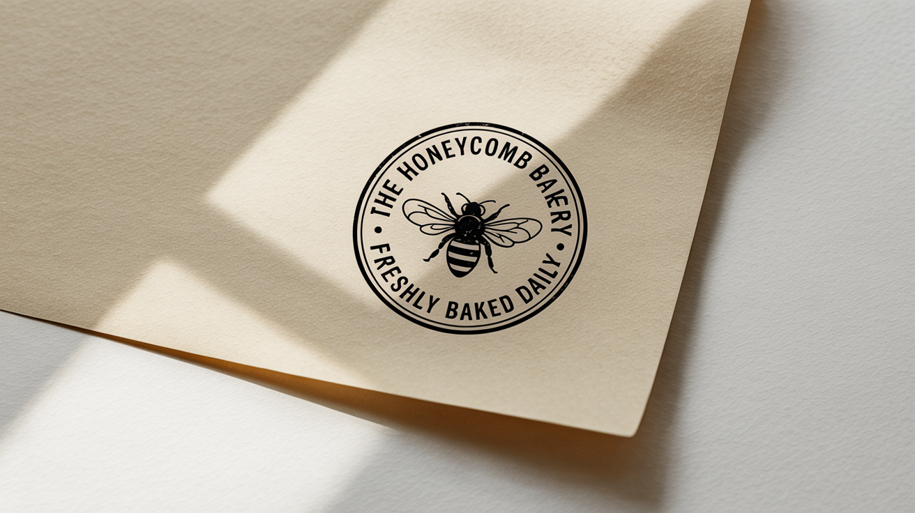A photorealistic mockup of a round black ink stamp on textured cream paper. The stamp features a honeybee logo and the text 'THE HONEYCOMB BAKERY' and 'FRESHLY BAKED DAILY'.